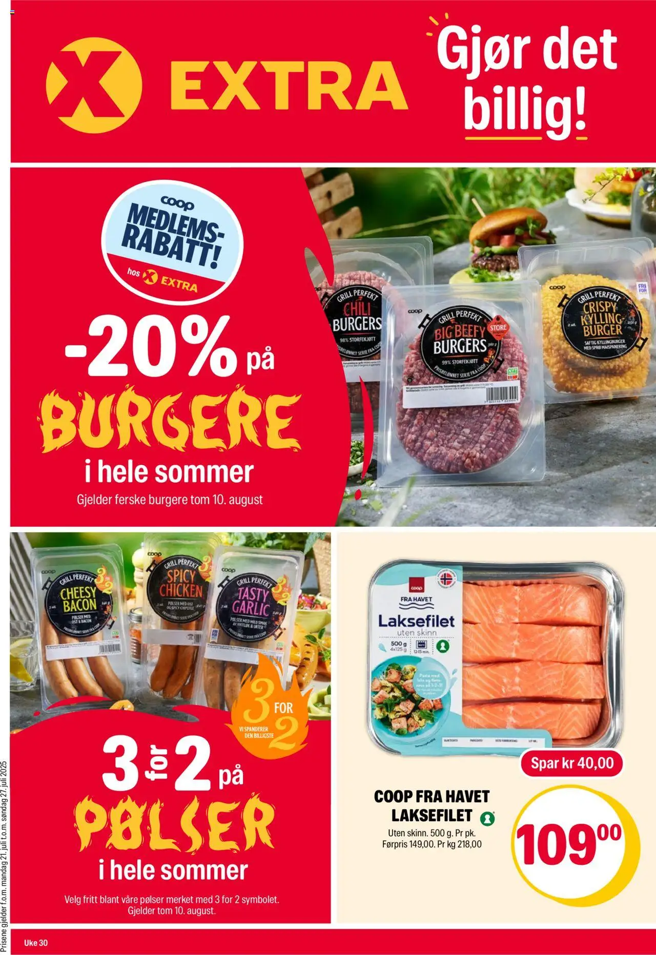 Kundeavis Coop Extra gyldig fra 21/07/2025 - Sidenummer 1 - Bacon, Chili, Ost, Kylling, Laksefilet, Pølser, Grill, Storfekjøtt