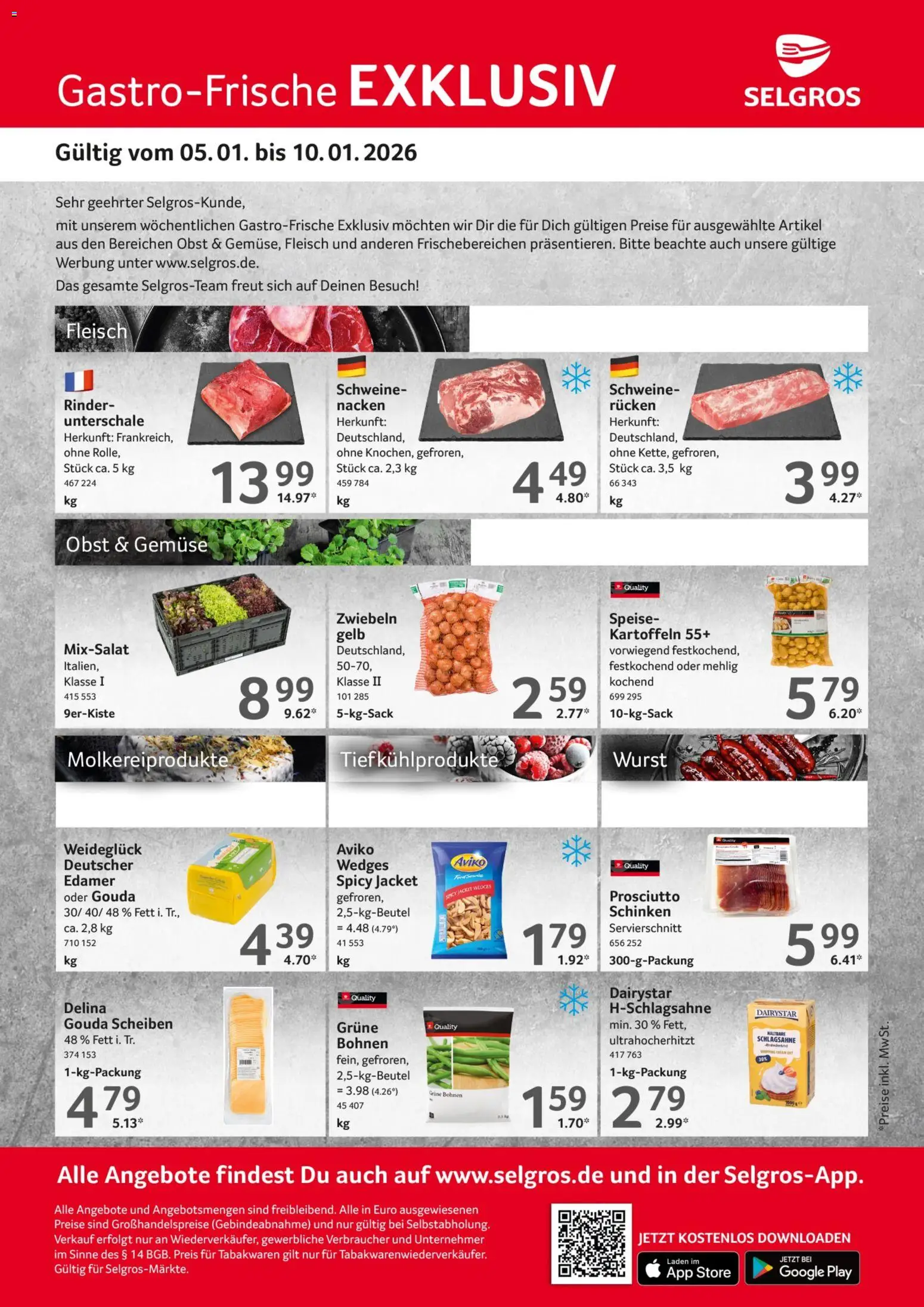 Vorschau von dem Prospekt des Geschäftes Selgros, gültig ab dem 05.01.2026 - Wurst, Gemüse, Obst, Fleisch, Schlagsahne, Kartoffeln, Gouda, Edamer