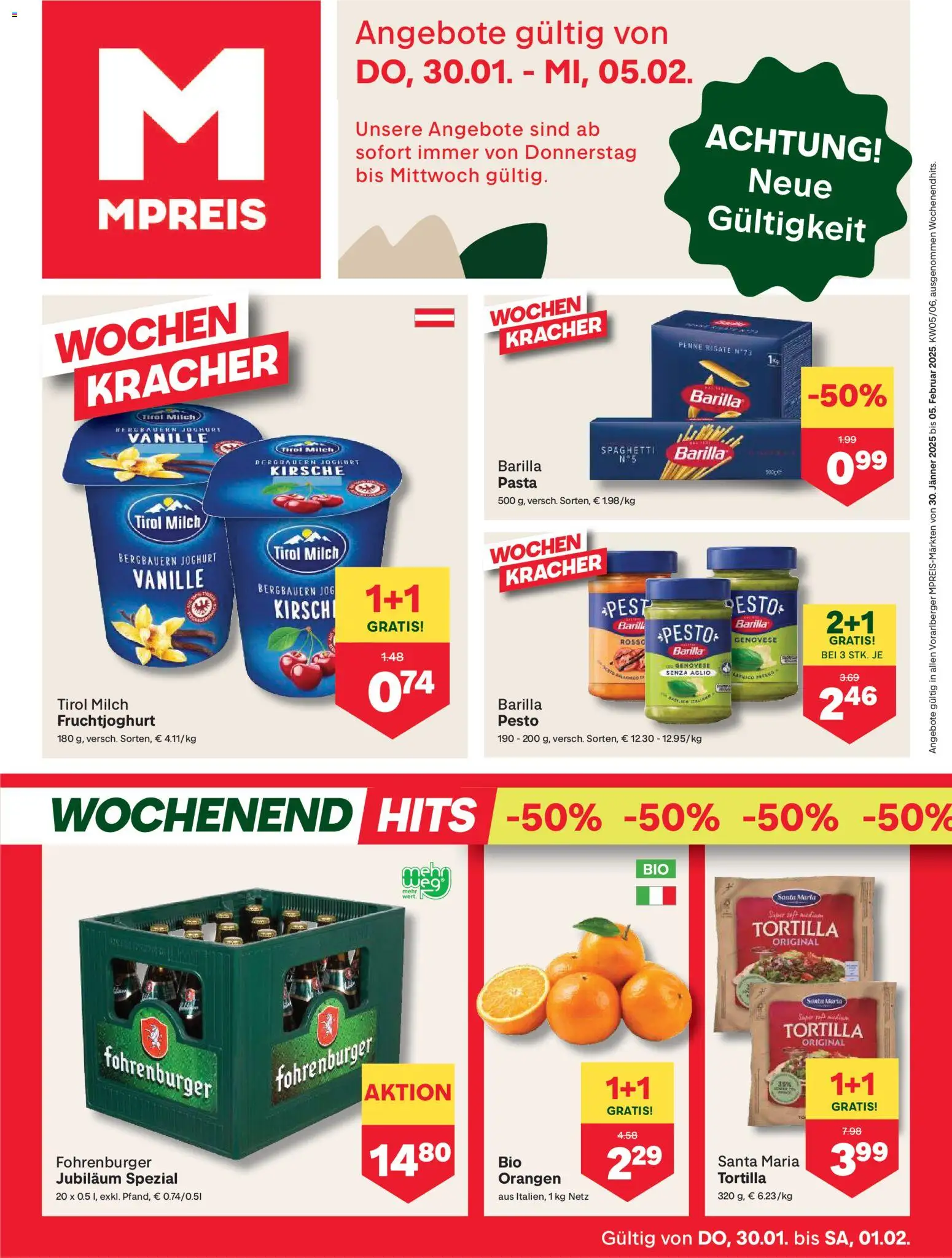 Vorschau der Angebote: MPREIS Hohenems gültig ab 30.01.2026 - Pasta, Spaghetti, Milch, Joghurt, Barilla, Vanille, Orangen