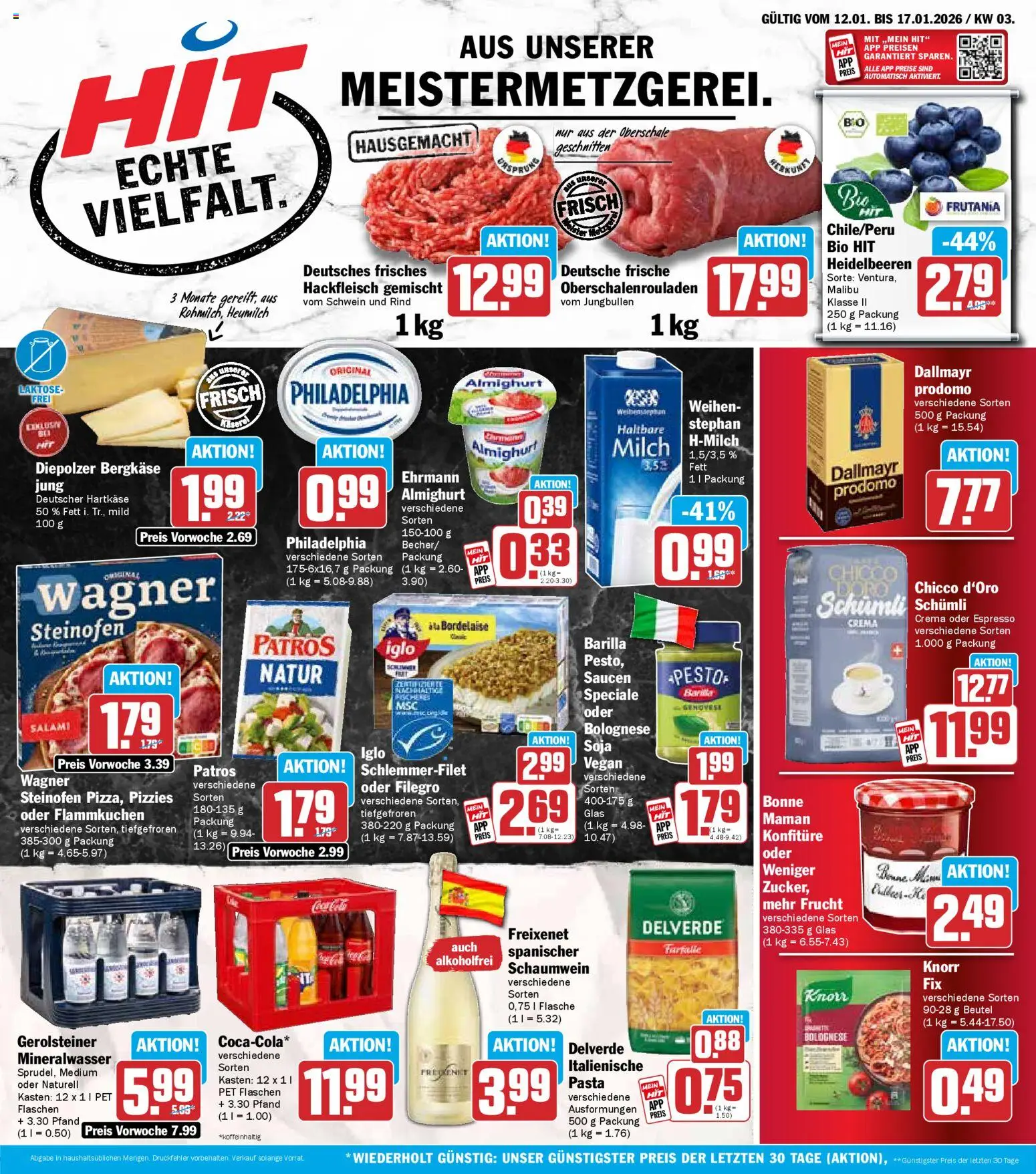 Vorschau von dem Prospekt des Geschäftes HIT, gültig ab dem 12.01.2026 - Pasta, Philadelphia, Mineralwasser, Gerolsteiner, Milch, Heidelbeeren, Dallmayr, Freixenet