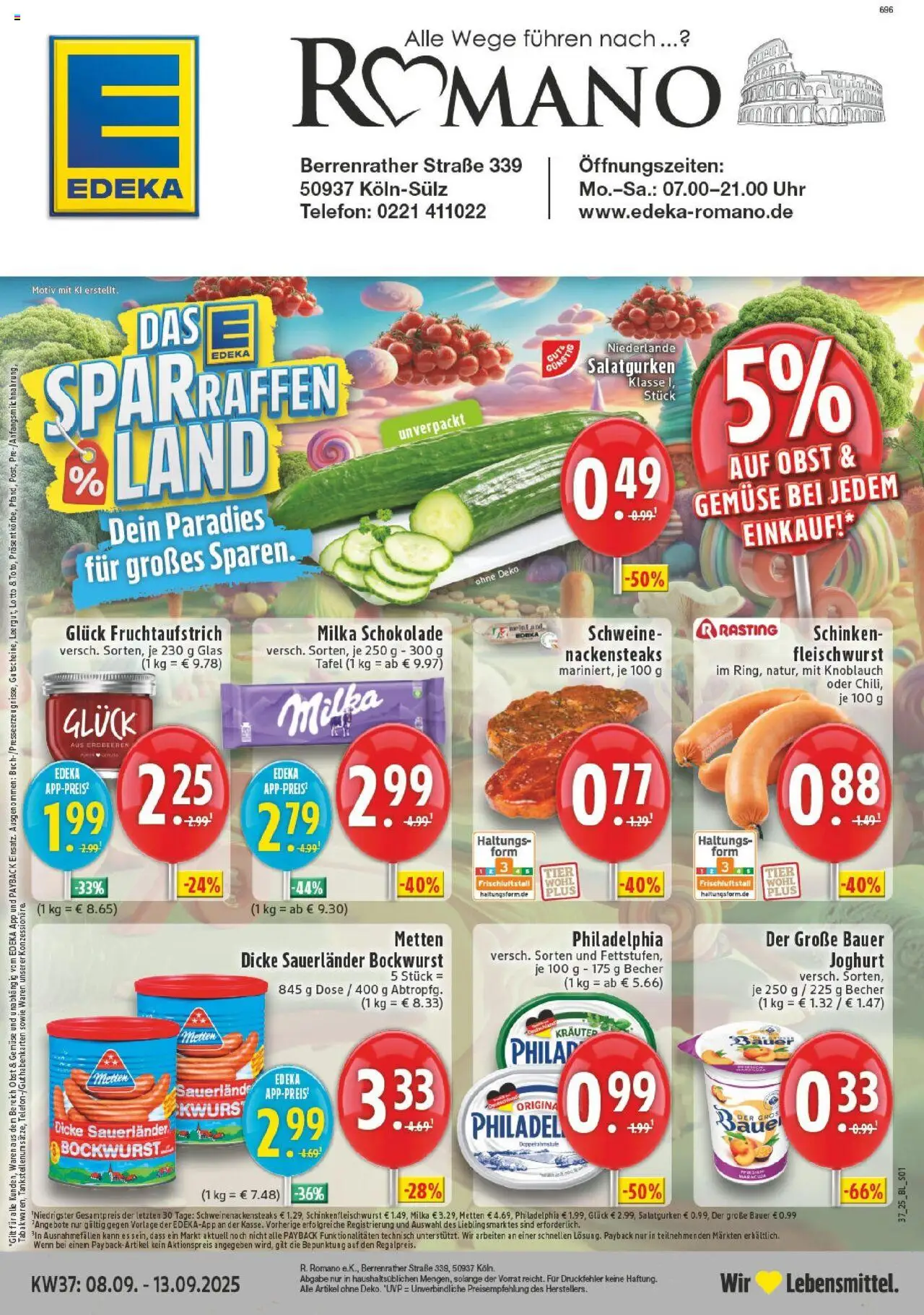 EDEKA Prospekt ab 07.09.2025 - Prospekt Köln-Sülz Online - Uhr, Telefon, Steak, Joghurt, Milka schokolade, Obst, Milka, Nackensteaks