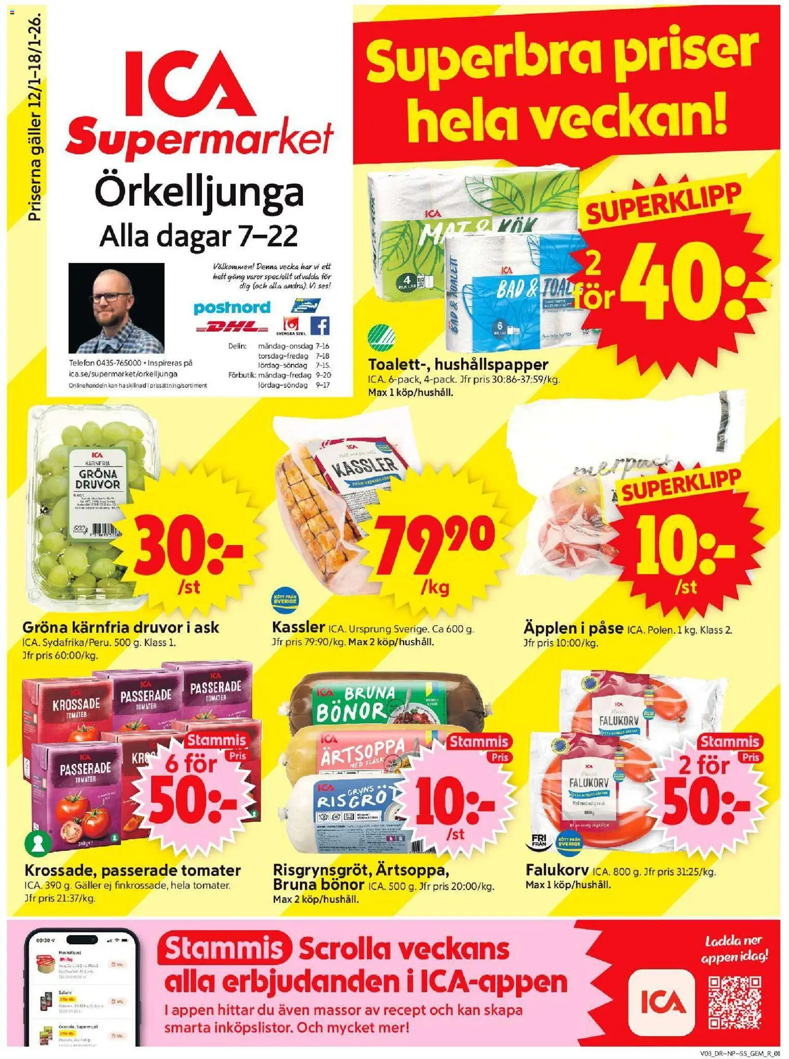 Förhandsgranska reklamblad Örkelljunga från butik ICA Supermarket gäller från 12/01/2026 - Äpplen, Spel, Telefon, Toalett, Falukorv, Gem, Bönor, Tomater