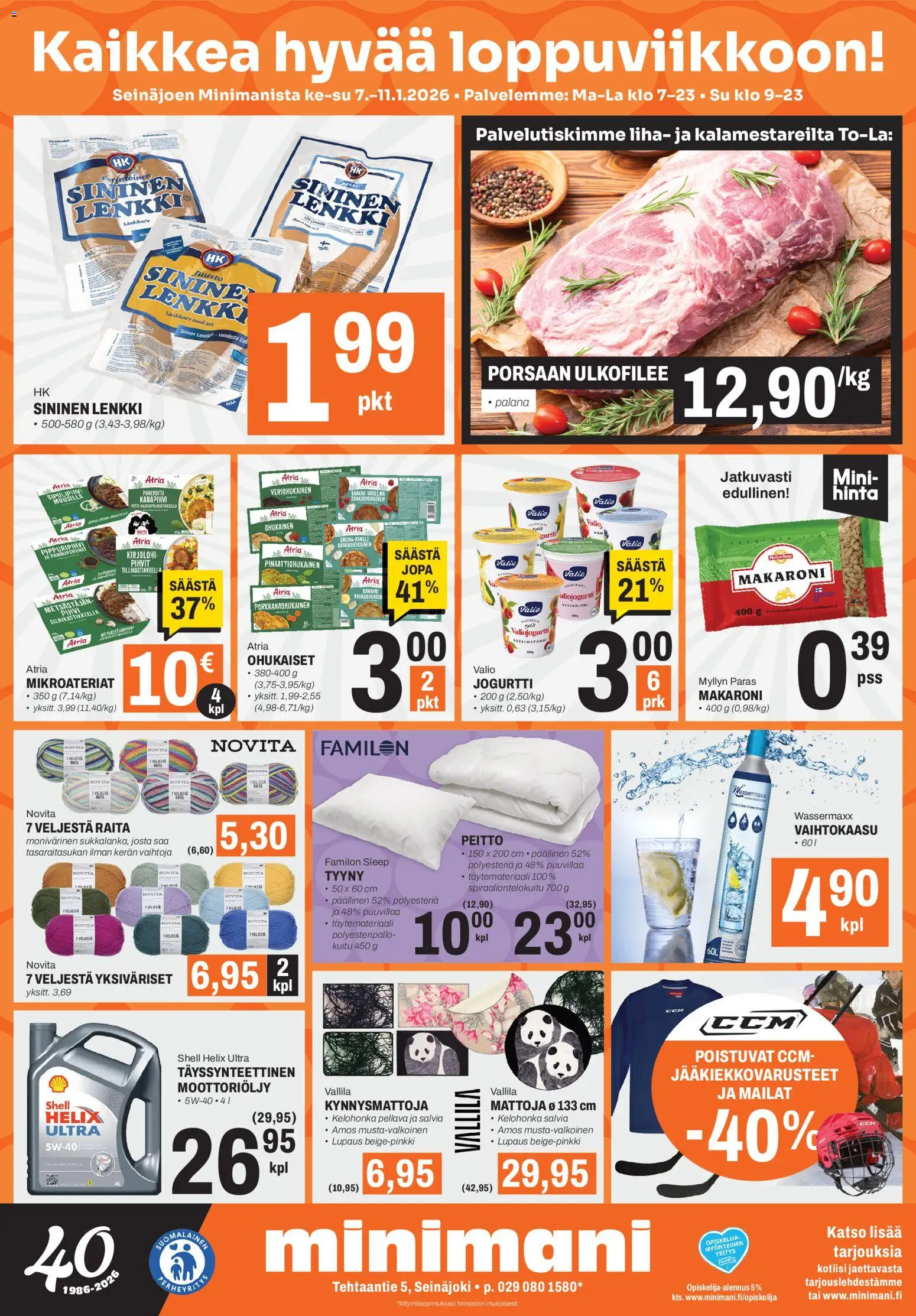Kaupan Minimani Tarjoukset - Seinäjoki esikatselu, voimassa 07/01/2026 - Vadelma, Kirjolohi, Tyyny, Peitto, Pihvi, Liha, Jogurtti, Moottoriöljy