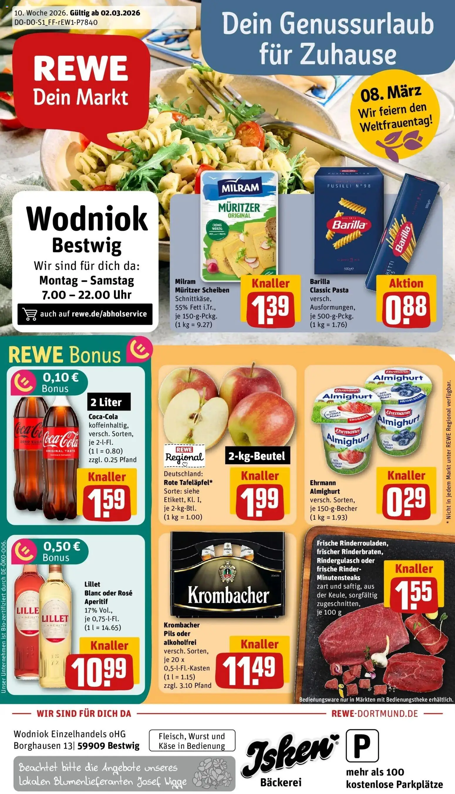 Vorschau von dem Prospekt des Geschäftes Rewe, gültig ab dem 02.03.2026 - Bäckerei, Pasta, Coca cola, Cola, Rindergulasch, Pils, Milram, Ehrmann almighurt