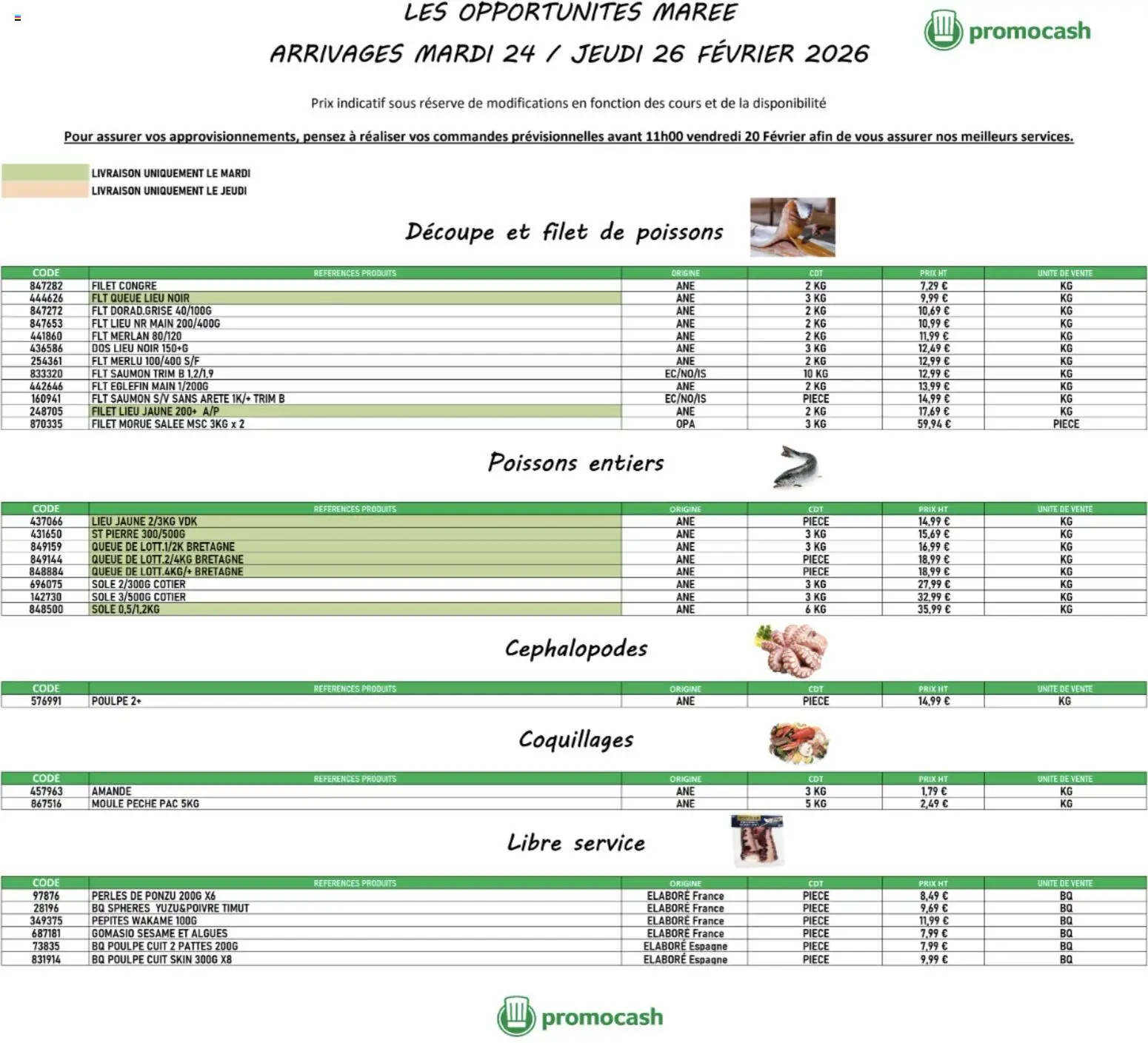 Prévisualisation de Opportunités Marée du magasin Promocash formulaire valide 24/02/2026 - Poissons, Pêche, Saumon, Amande, Sésame, Morue, Coquillages, Algues