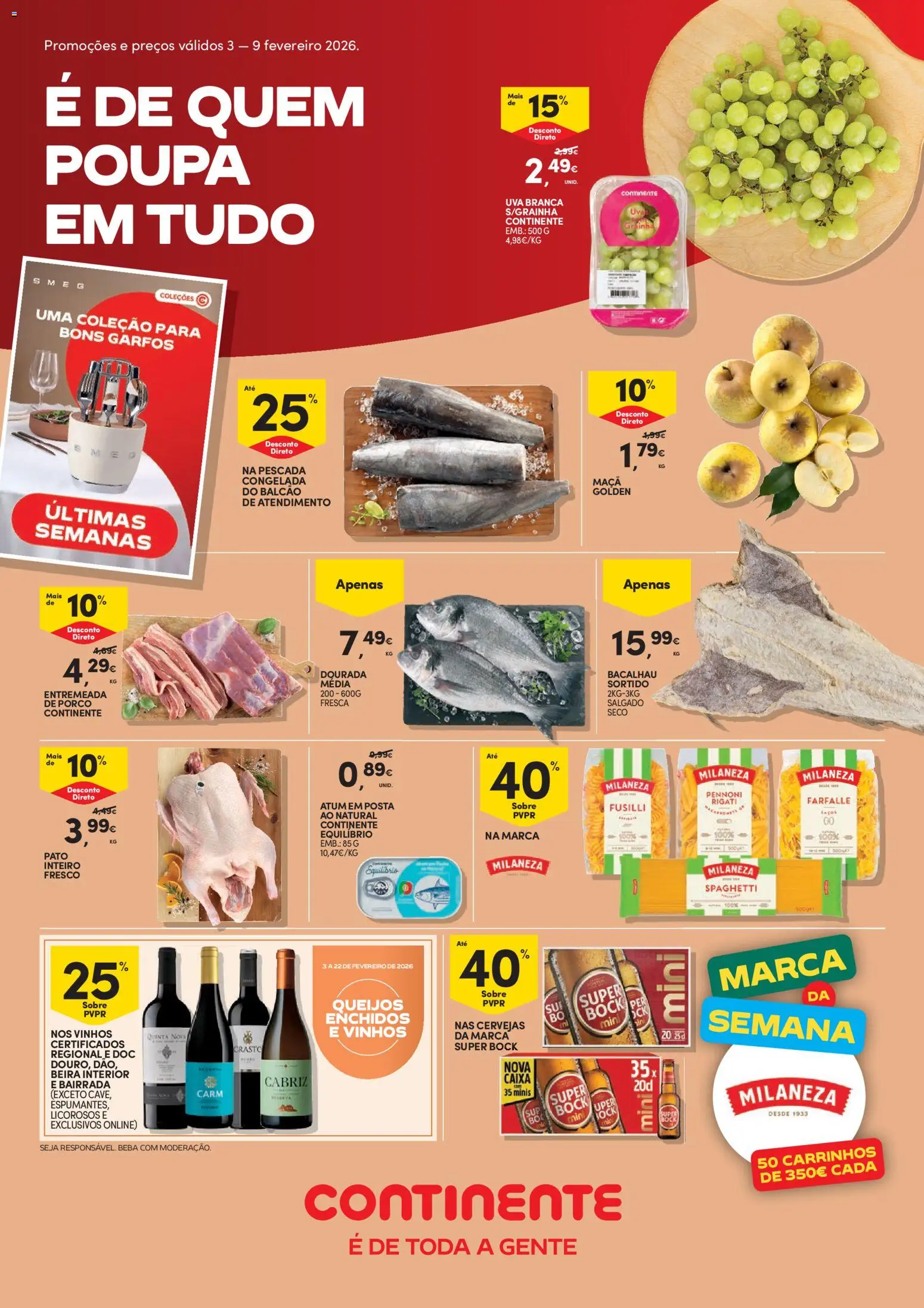 Pré-visualização do folheto da loja Continente válida a partir de 03/02/2026 - Bacalhau, Caixa, Super bock, Pato, Maça, Entremeada, Milaneza, Entremeada de porco