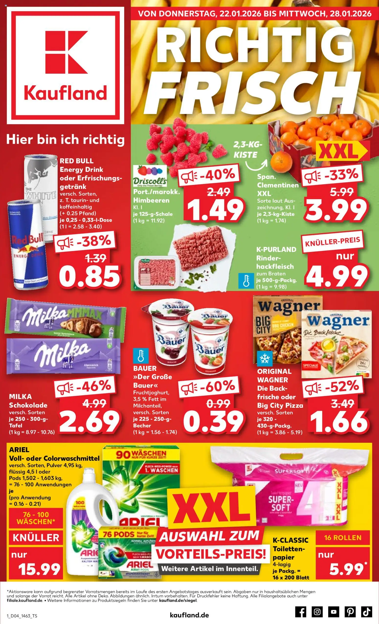 Vorschau von dem Prospekt des Geschäftes Kaufland, gültig ab dem 22.01.2026 - Red bull, Schokolade, Toilettenpapier, Milka schokolade, Hackfleisch, Milka, Ariel, Energy