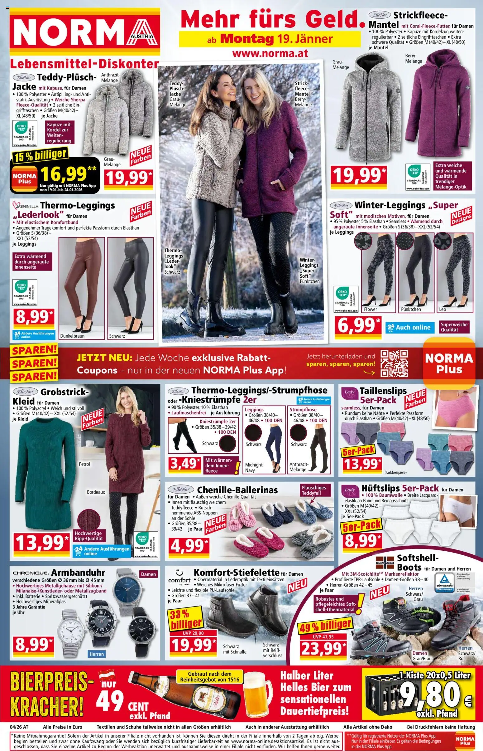 Vorschau der Angebote: Norma Flugblatt gültig ab 19.01.2026 - Uhr, Bier, Batterie, Kleid, Leggings, Jacke, Mantel, Strumpfhose