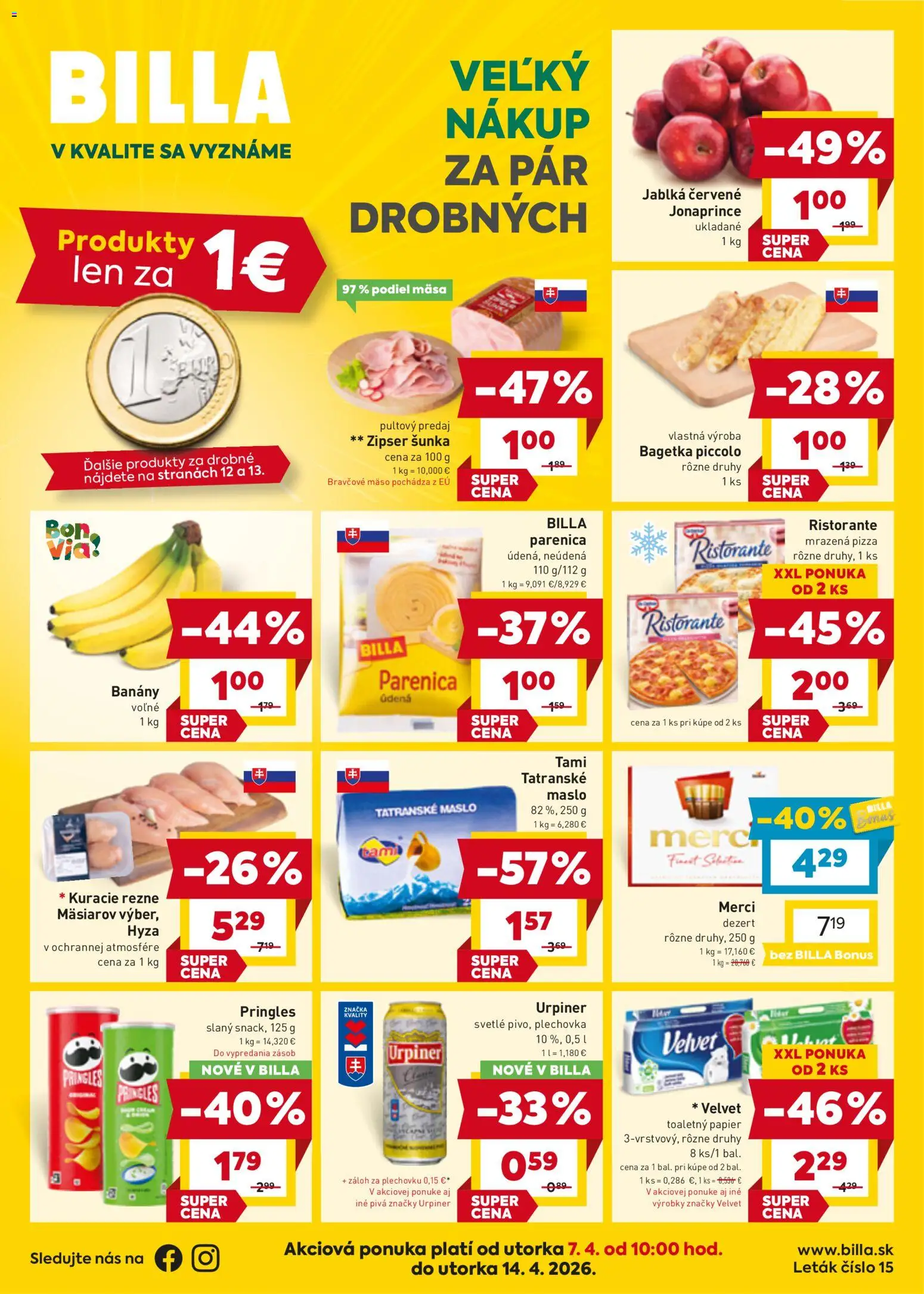 Náhľad Billa letáku platného od 07.04.2026 - Mäso, Pringles, Kuracie rezne, Šunka, Bravčové mäso, Rezne, Jablká, Tatranské maslo