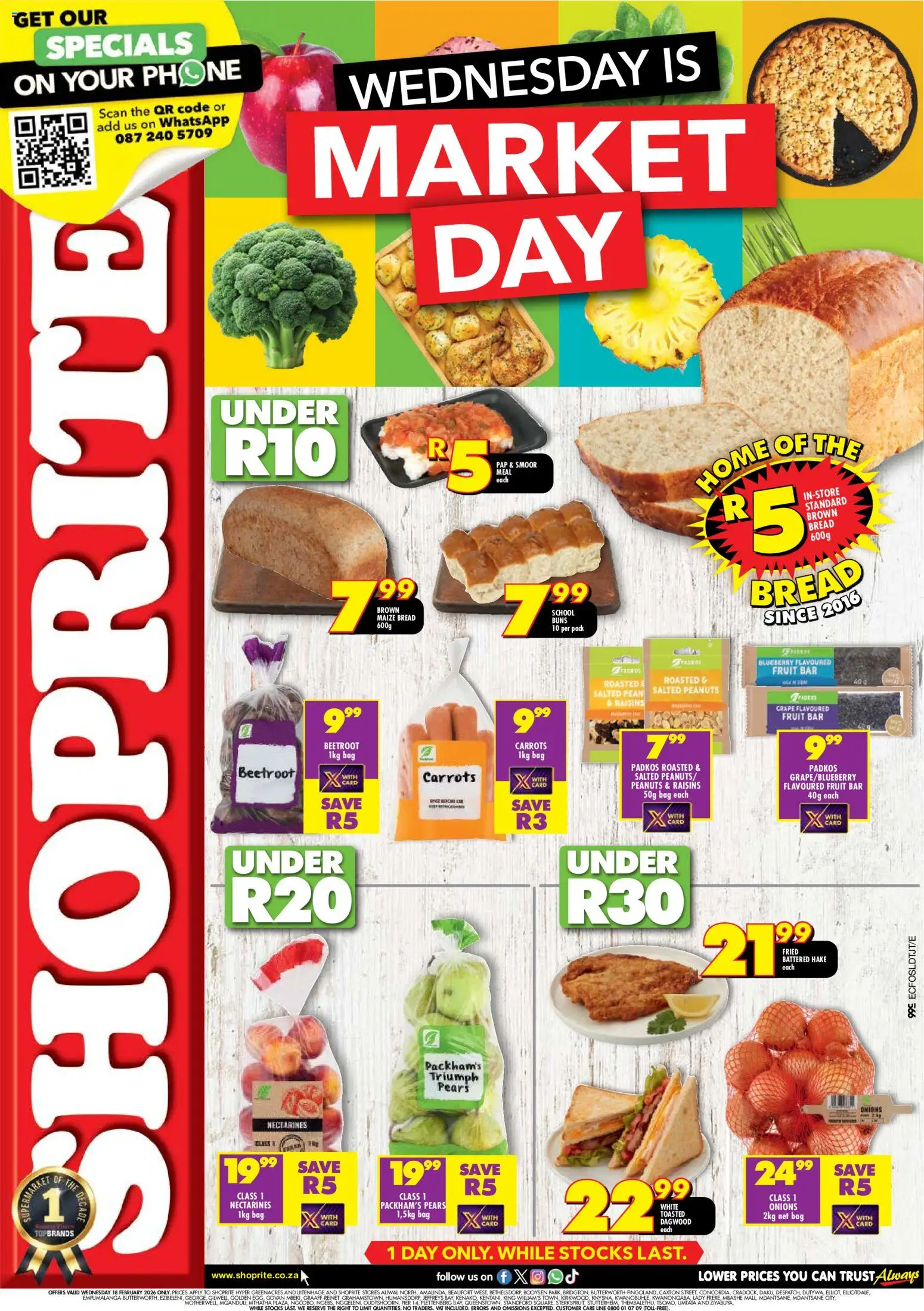 Preview of Shoprite flyer valid from 18/02/2026 - Phone, Bag, Bread, Carrots, Peanuts, Nectarines, Pears, Raisins