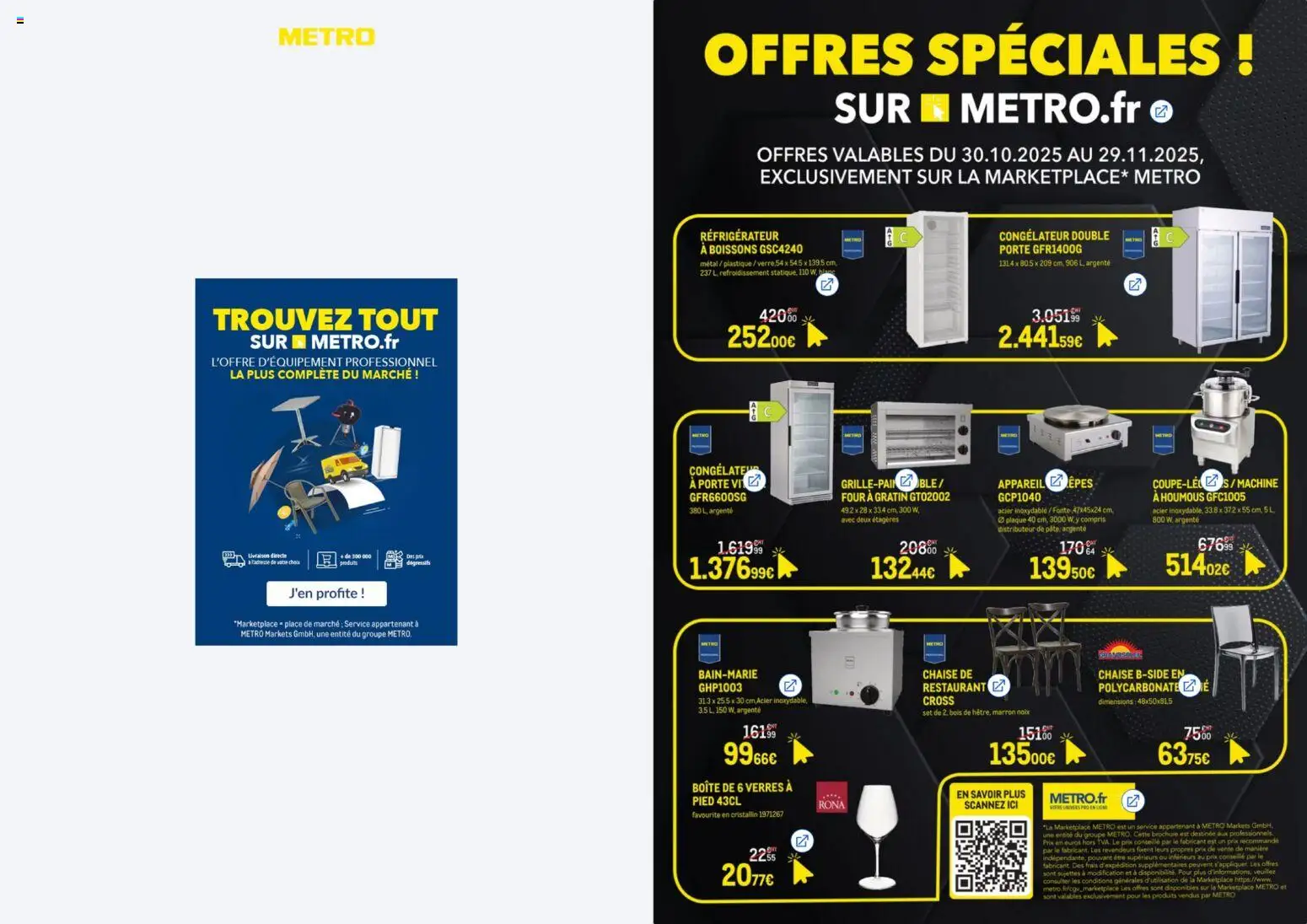 Prévisualisation de Les Black Days Marketplace du magasin METRO formulaire valide 30/10/2025 - Distributeur, Réfrigérateur, Chaise, Houmous, Four, Pâte, Verres, Boissons