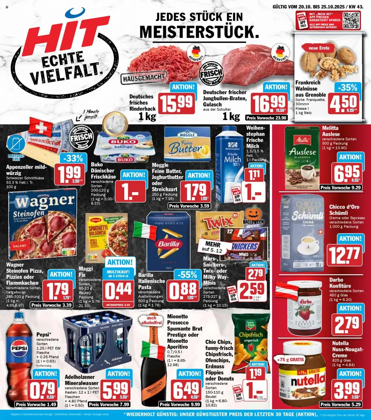 HIT Prospekt ab 20.10.2025 nächste Woche > Bayern - Gulasch, Spaghetti, Donuts, Prosecco, Melitta, Adelholzener, Schulter, Frischkase