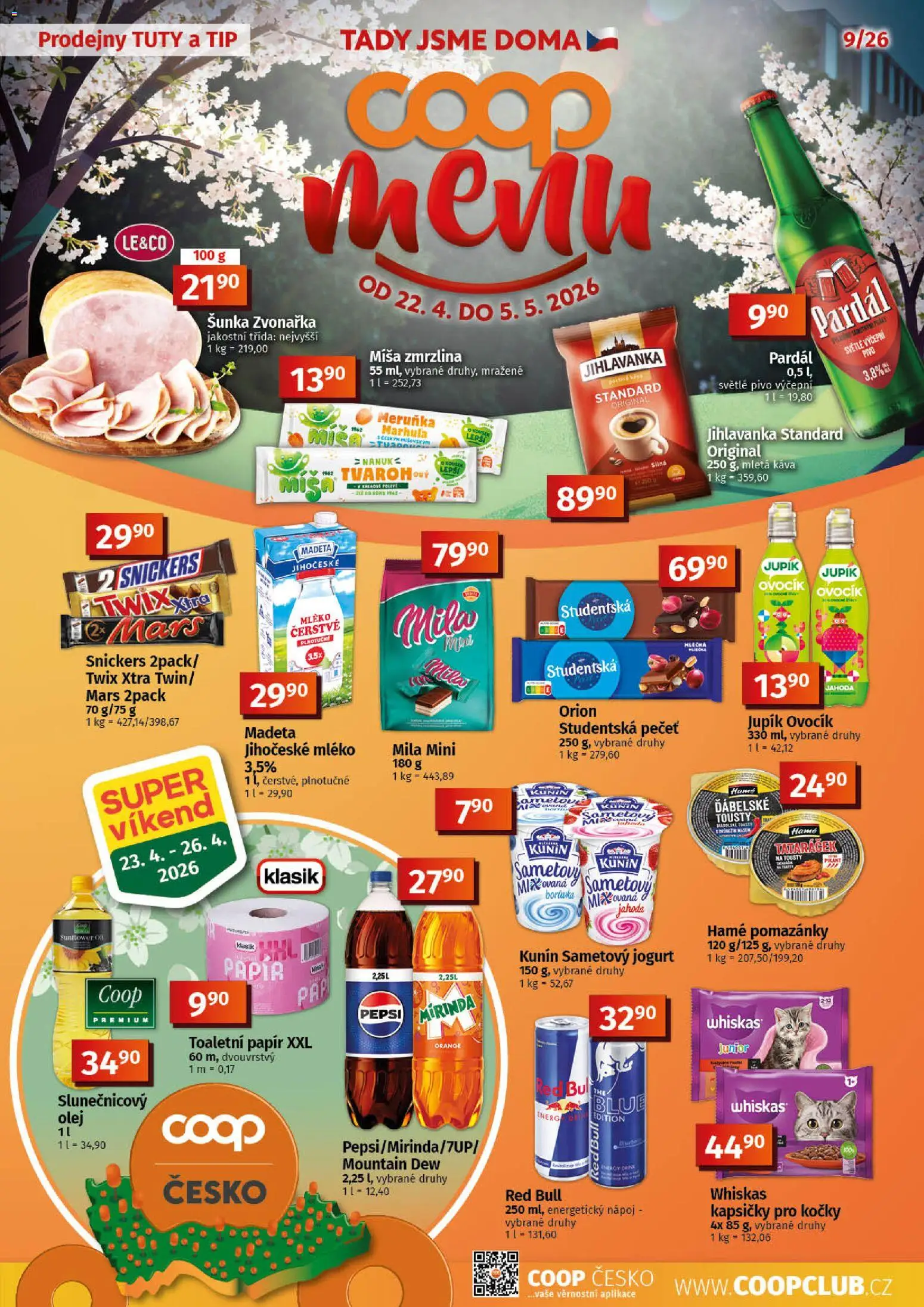 Náhled nabídky: Coop Coop leták - Tuty platný od 22.04.2026 - Káva, Zmrzlina, Olej, Mila, Mirinda, Twix, Mletá káva, Kapsičky