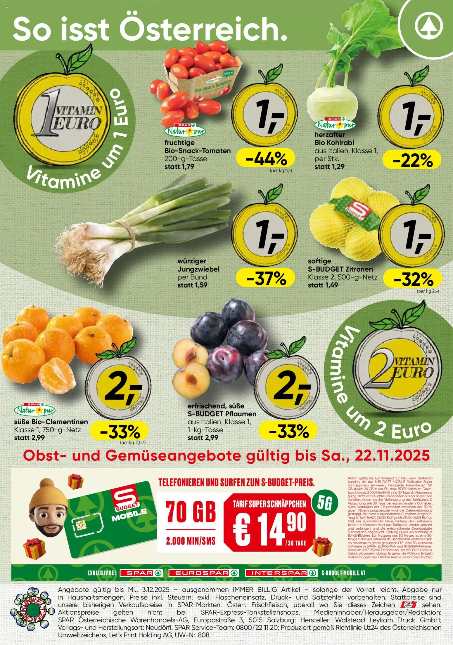 Vorschau der Angebote: Spar Kärnten Obst & Gemüse gültig ab 17.11.2025