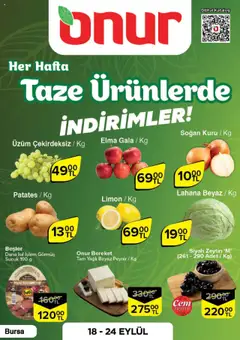 Onur Market Katalog Taze Ürünlerde İndirimler - Bursa 18.09.2025 - Broşürünün önizlemesi