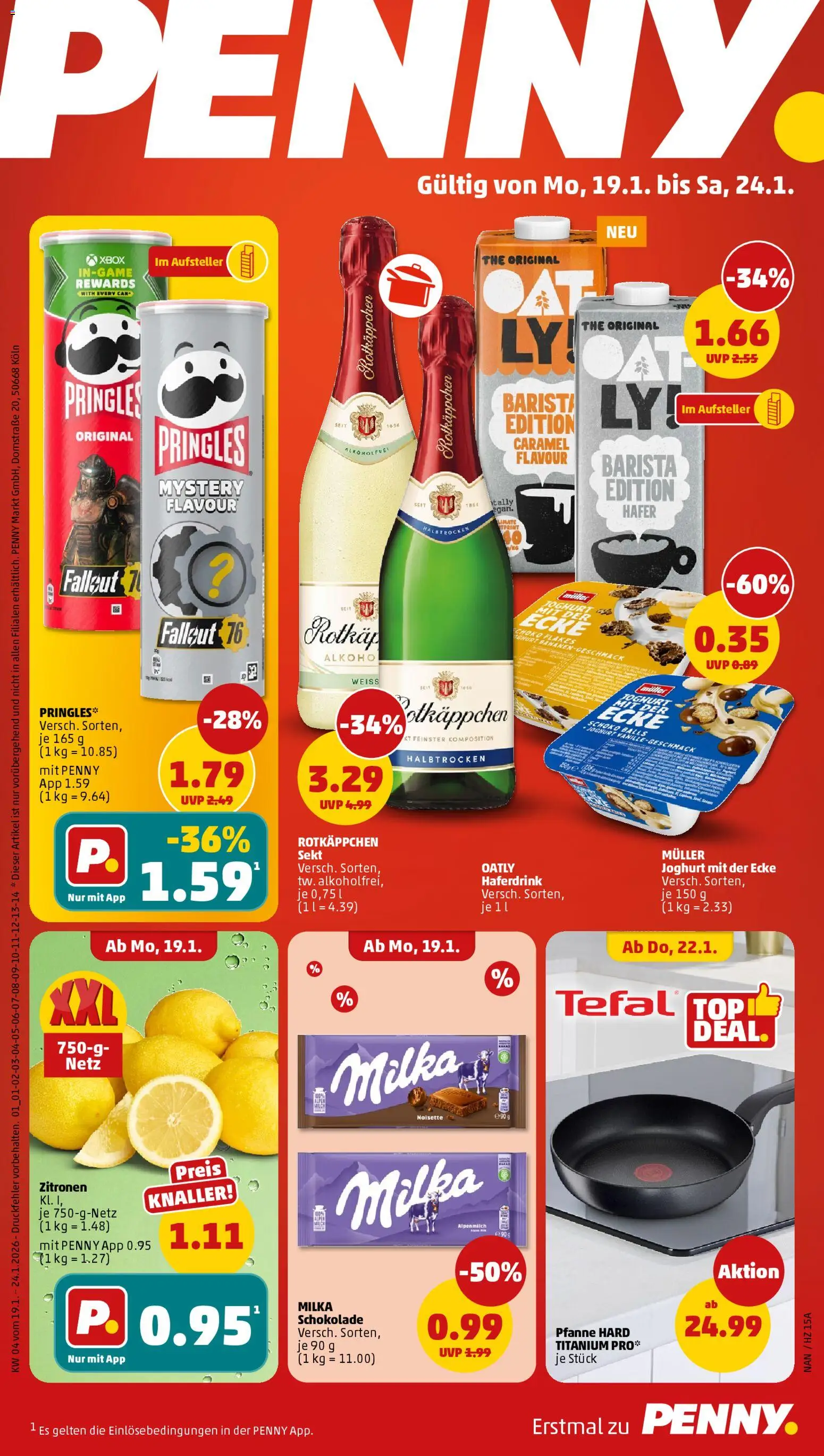 Vorschau von dem Prospekt des Geschäftes Penny, gültig ab dem 19.01.2026 - Schokolade, Joghurt, Milka schokolade, Milka, Pringles, Zitronen, Sekt, Haferdrink