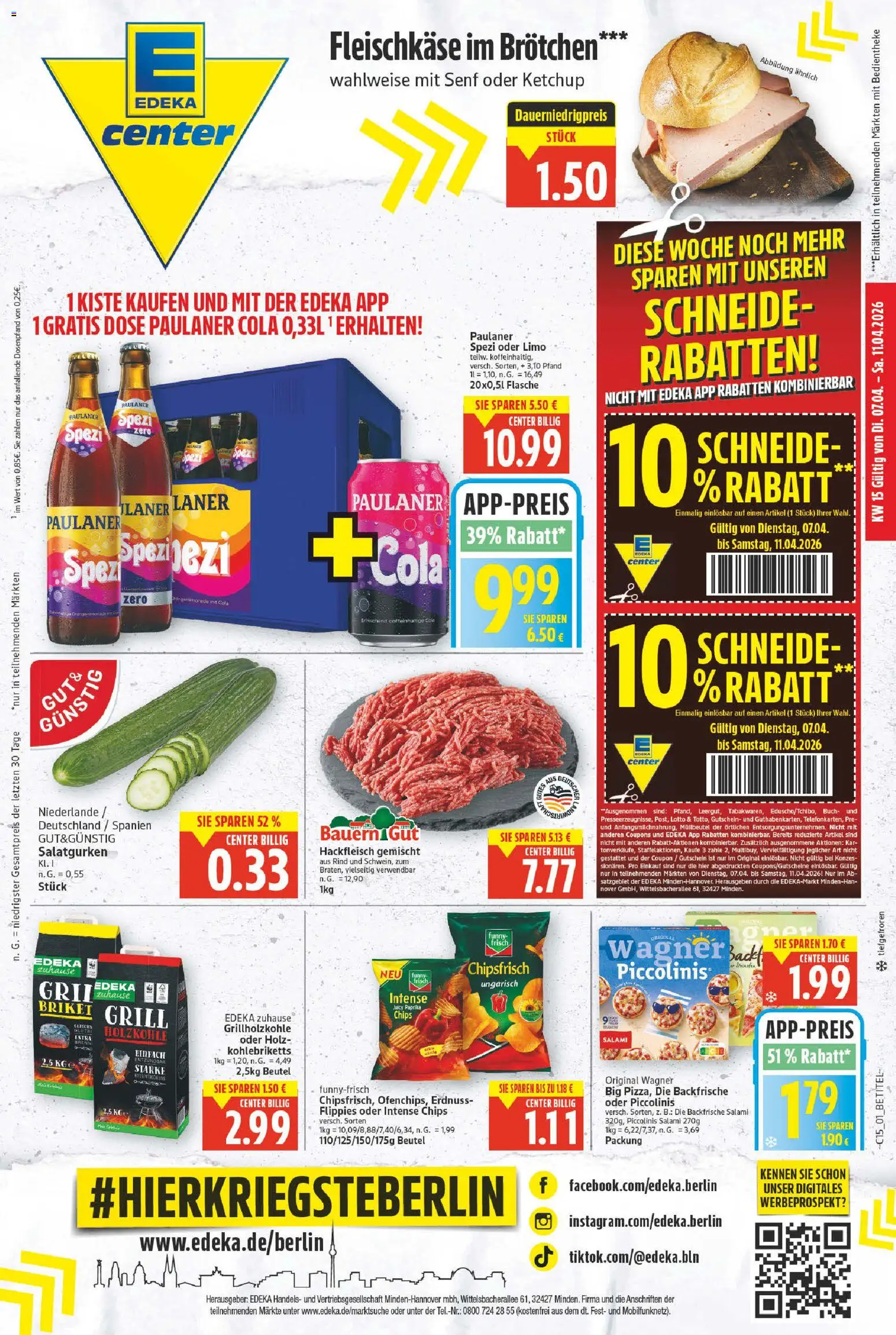 Vorschau von dem Prospekt des Geschäftes E center, gültig ab dem 07.04.2026 - Chips, Grill, Hackfleisch, Paulaner spezi, Paprika, Piccolinis, Salami, Ketchup