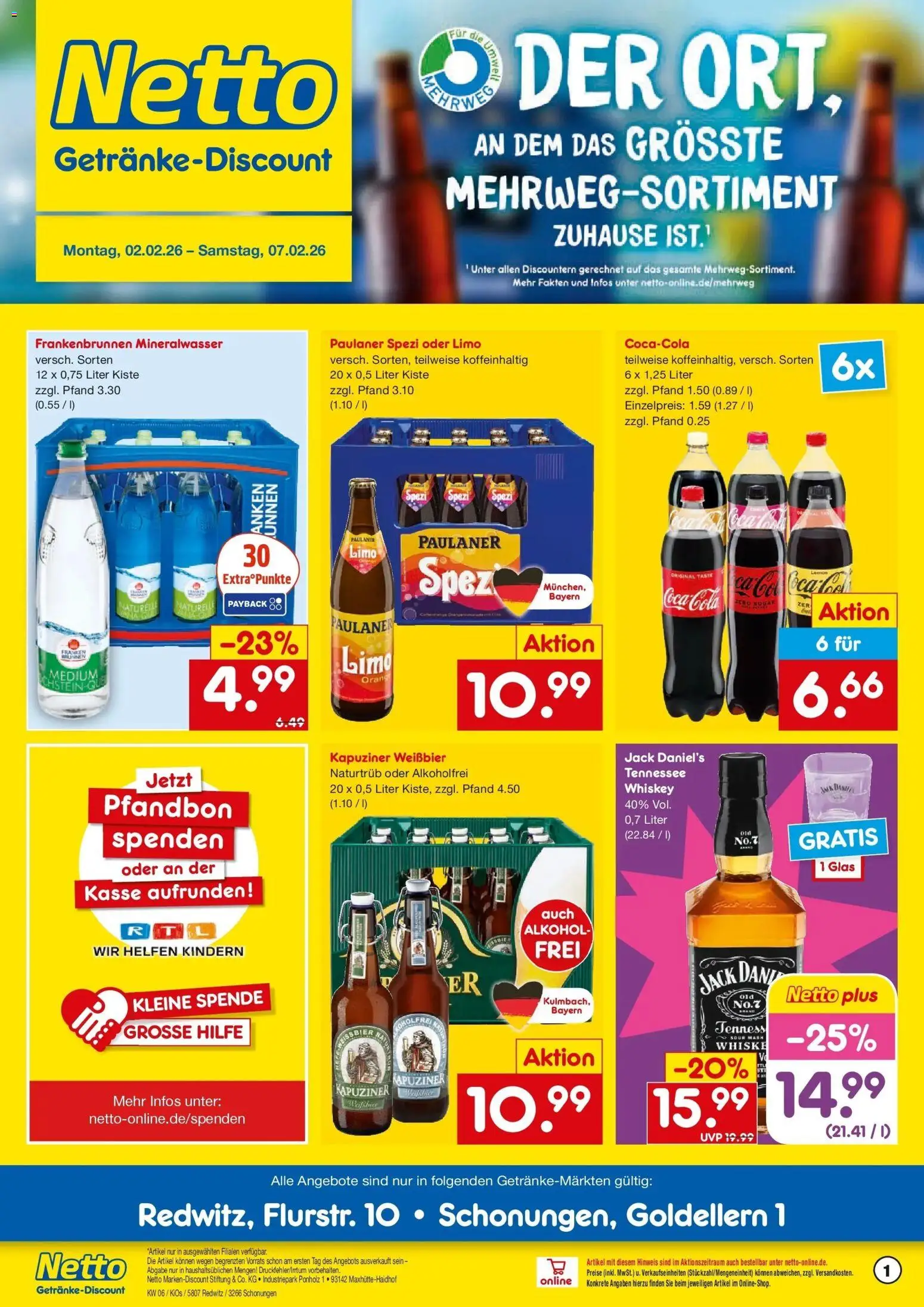 Vorschau von dem Prospekt des Geschäftes Netto Marken-Discount, gültig ab dem 02.02.2026 - Coca cola, Cola, Mineralwasser, Alkohol, Whiskey, Paulaner, Weißbier, Jack Daniel's
