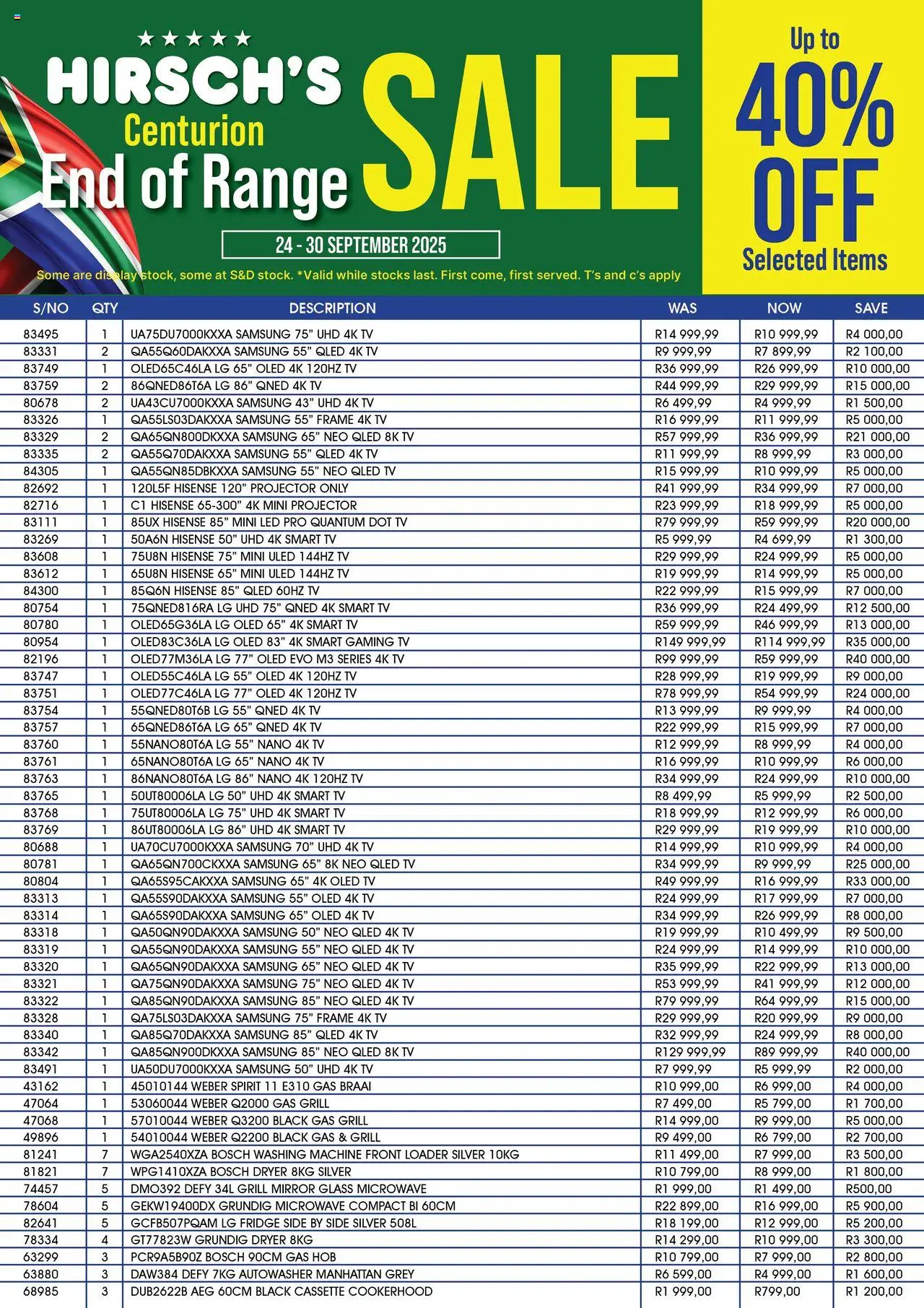Hirsch's End of Range Sale Centurion from 24/09 - 30/09/2025 > Promotions - Fridge, Microwave, TV, Mirror, Frame, Grill, Hob, Dryer