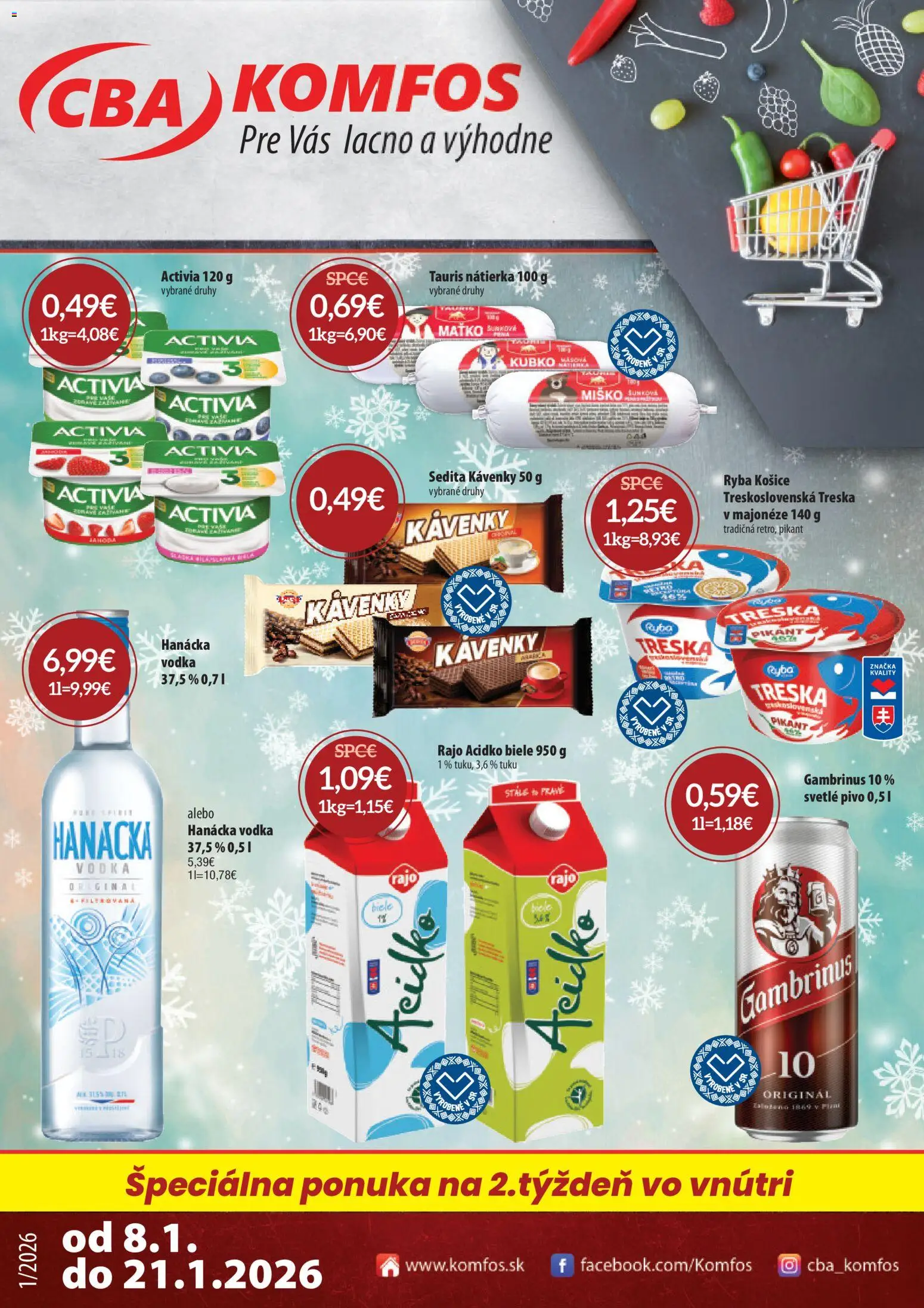 Náhľad CBA Komfos letáku platného od 08.01.2026 - Pivo, Ryba, Vodka, Treska, Acidko, Gambrinus, Nátierka
