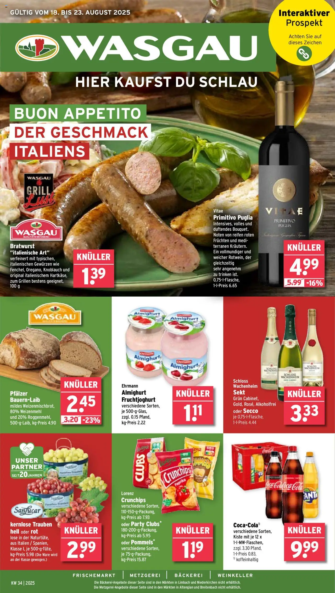 Wasgau Prospekt (vom 18.08.2025 - 23.08.2025) - Bäckerei, Grill, Knoblauch, Trauben, Sekt, Weizenmehl, Fruchtjoghurt, Lorenz crunchips