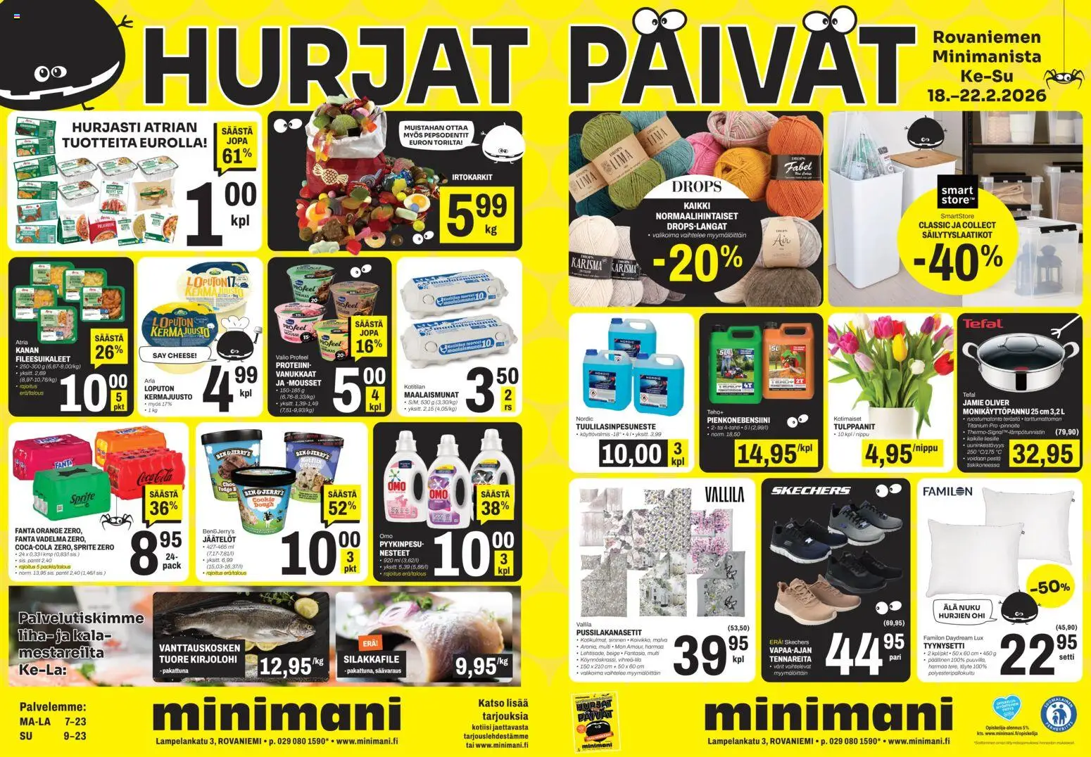 Kaupan Minimani Tarjoukset - Rovaniemi esikatselu, voimassa 18/02/2026 - Coca cola, Kala, Irtokarkit, Fanta, Kerma, Säilytyslaatikot, Kermajuusto, Tyynysetti
