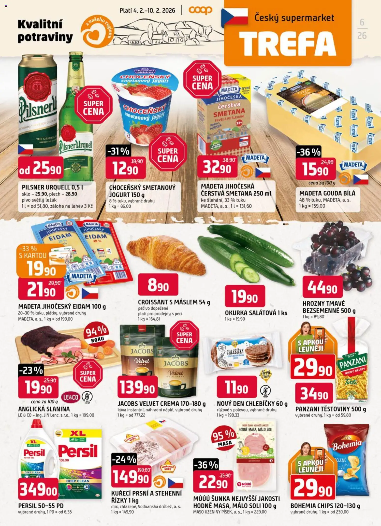 Náhled nabídky: Trefa Leták platný od 04.02.2026 - Káva, Maso, Jogurt, Kuře, Šunka, Gouda, Persil, Crema