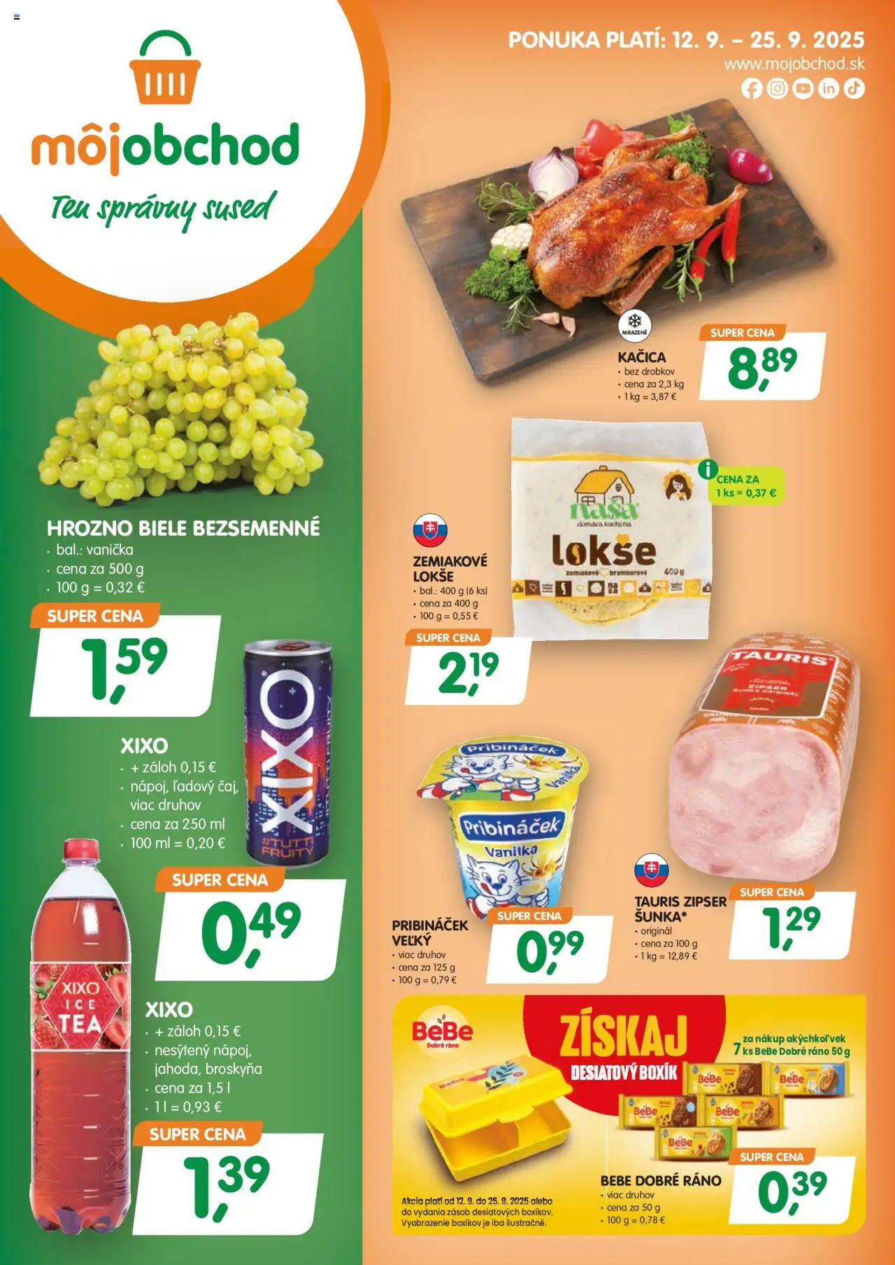 Náhľad Môj obchod letáku platného od 12.09.2025 - Kuchyňa, Hrozno, Kačica, Vanilka, BeBe Dobré ráno