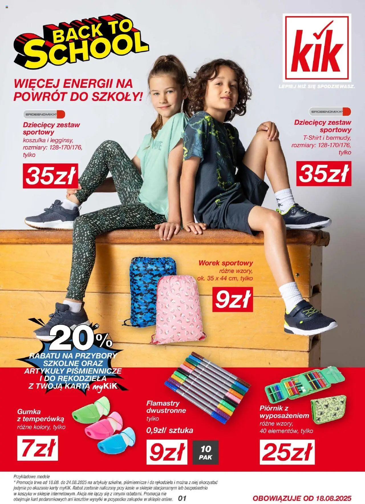Kik gazetka online 18.08.2025 - Aktualna gazetka promocyjna - Numer strony 1 - Promocja, Piórnik, Karta, Temperówka, Flamastry, Przybory szkolne
