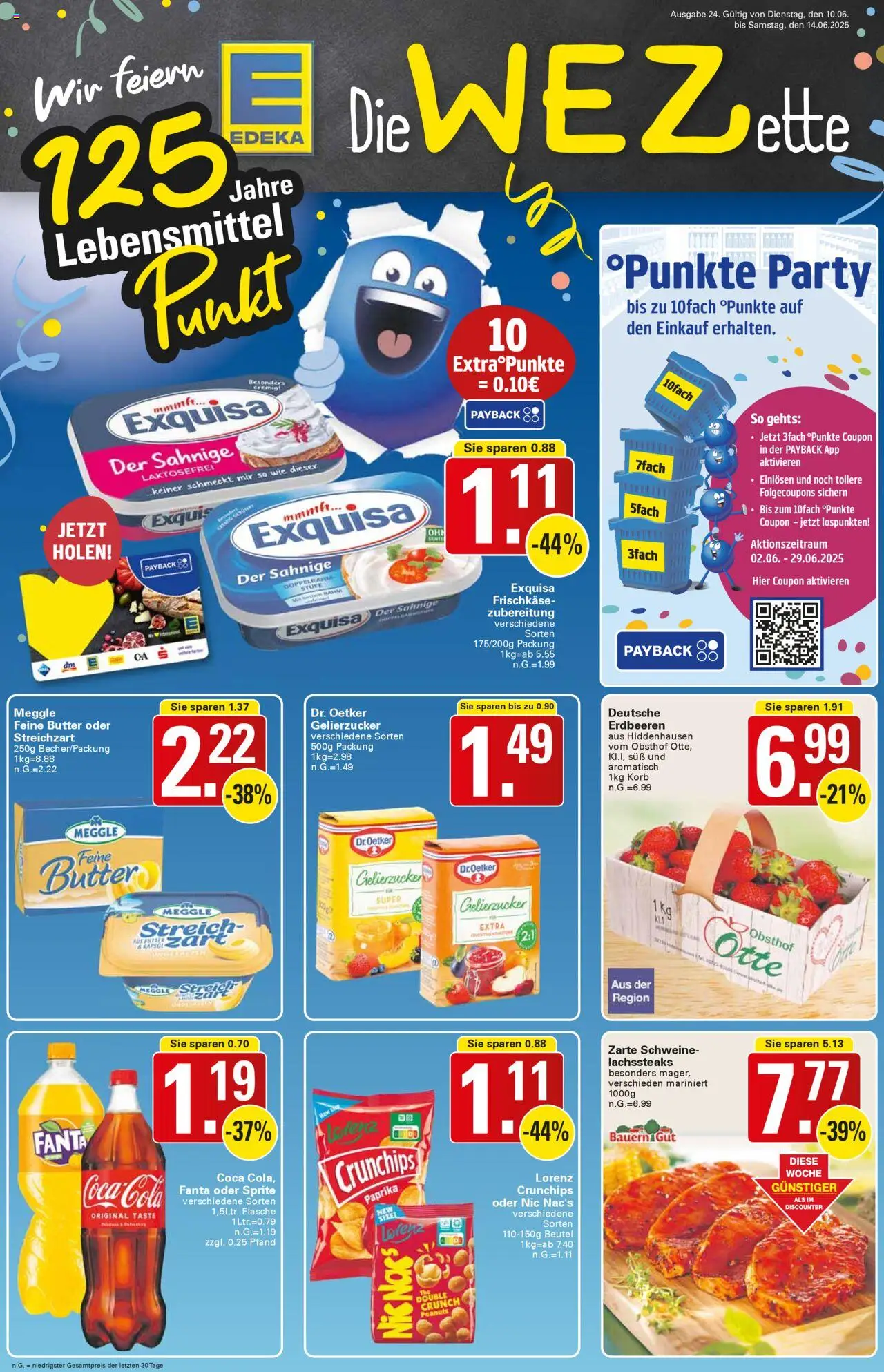 WEZ Prospekt (vom 10.06.2025 - 14.06.2025) - Butter, Erdbeeren, Korb, Fanta, Sprite, Exquisa, Lorenz crunchips, Frischkase