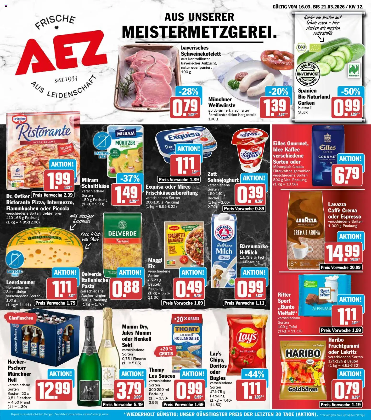 Vorschau von dem Prospekt des Geschäftes AEZ, gültig ab dem 16.03.2026 - Pizza, Pasta, Milch, Paprika, Sekt, Leerdammer, Milram, Jules mumm