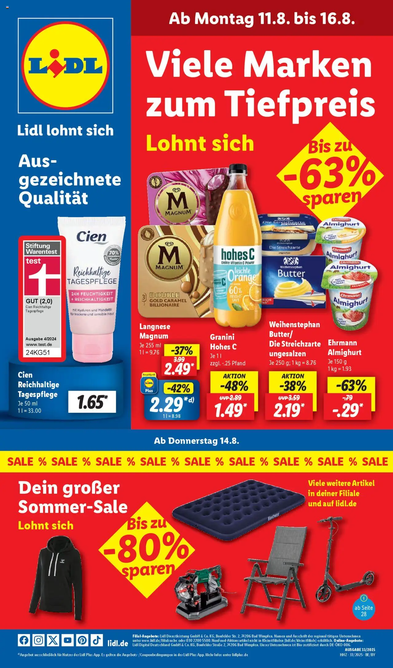LIDL Prospekt ab Montag 11.08.2025 > Prospekt Zossen - Butter, Bad, Langnese, Granini, Hohes c, Weihenstephan butter, Ehrmann almighurt