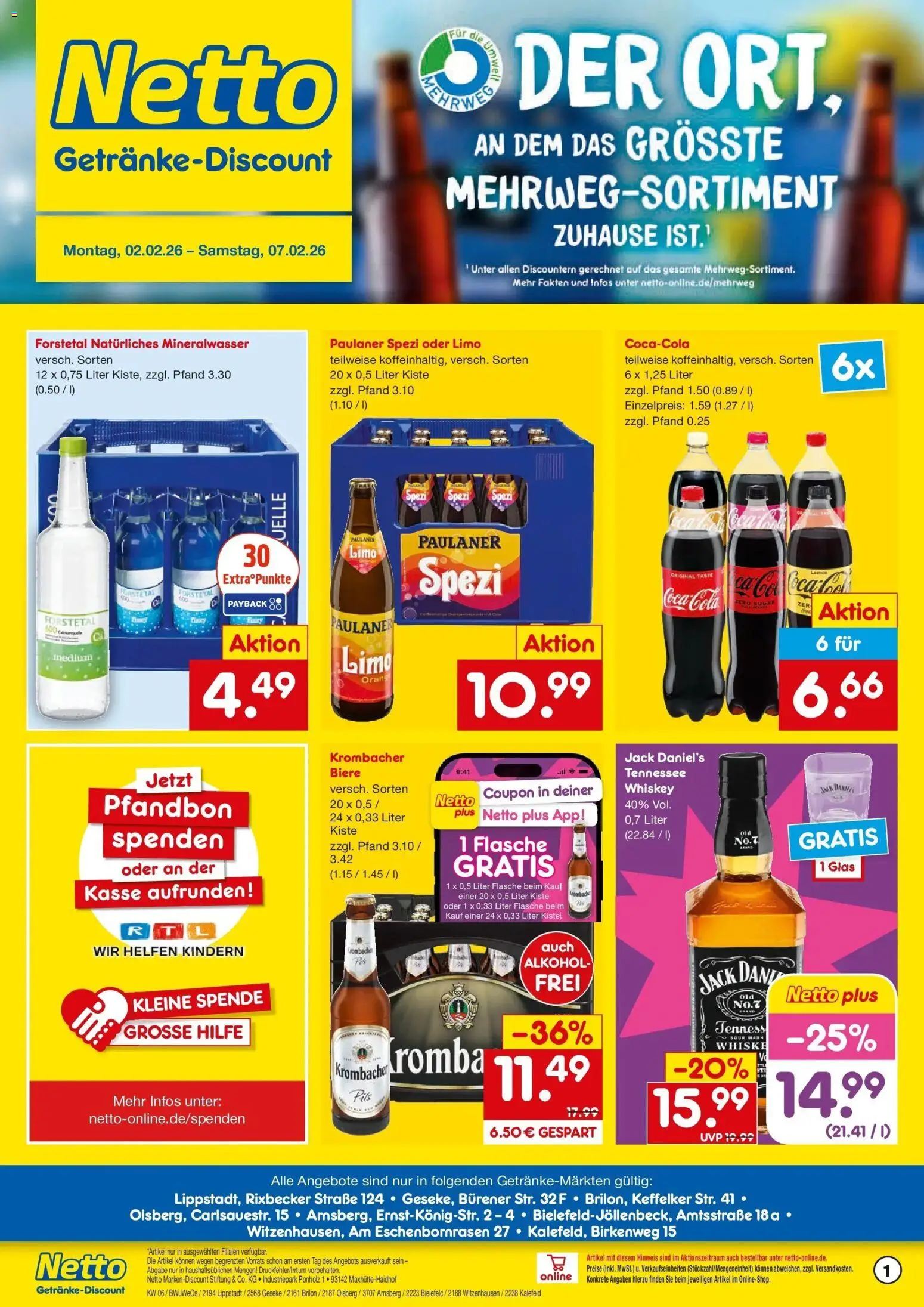 Vorschau von dem Prospekt des Geschäftes Netto Marken-Discount, gültig ab dem 02.02.2026 - Coca cola, Cola, Mineralwasser, Alkohol, Krombacher, Paulaner spezi, Pils, Jack Daniel's