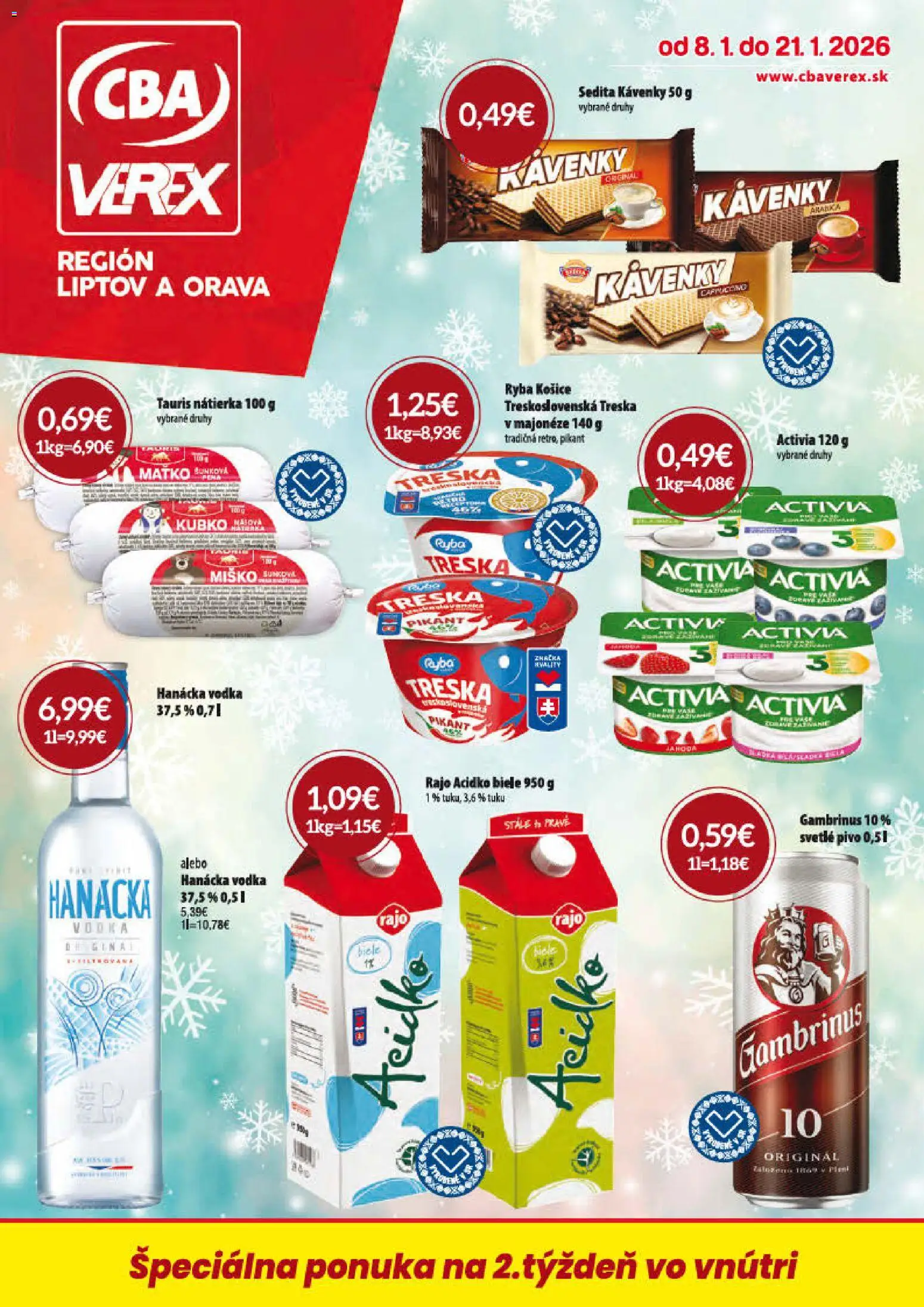Náhľad CBA Verex letáku platného od 08.01.2026 - Pivo, Ryba, Vodka, Treska, Acidko, Gambrinus, Nátierka, Pena