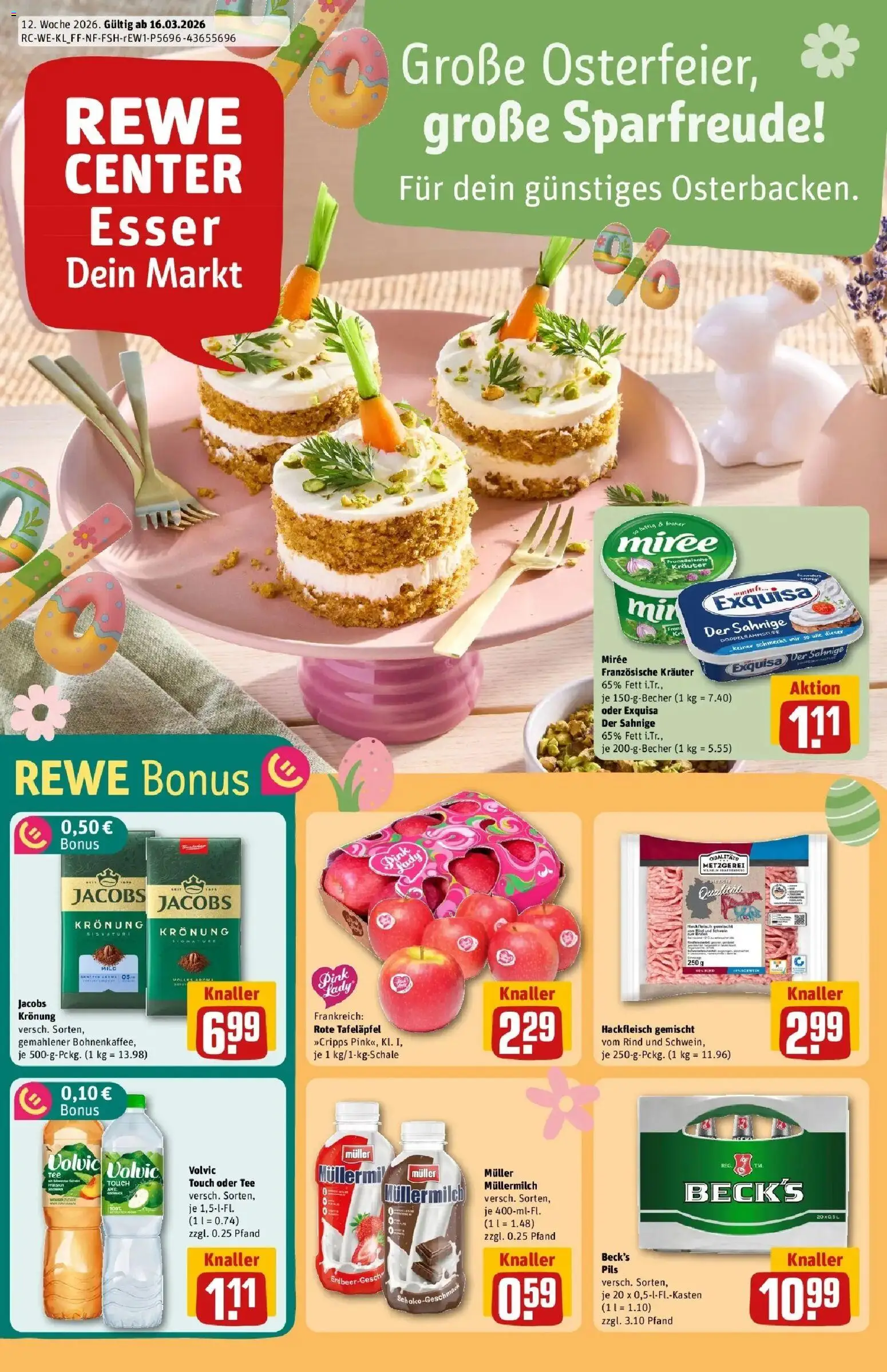 Vorschau von dem Prospekt des Geschäftes Rewe, gültig ab dem 15.03.2026 - Tee, Hackfleisch, Müllermilch, Volvic, Pils, Exquisa, Volvic touch