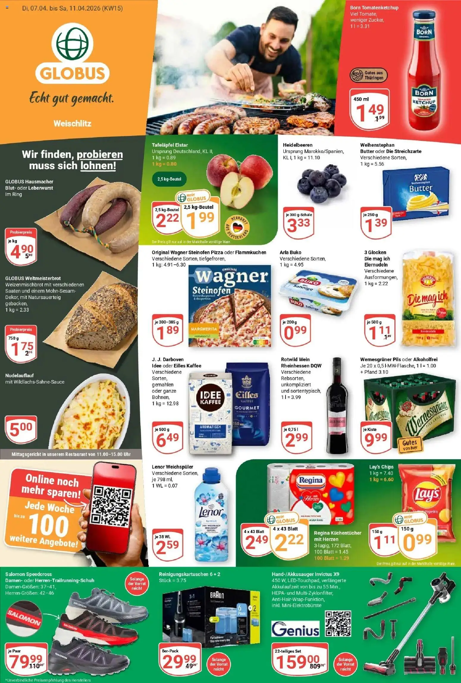 Vorschau von dem Prospekt des Geschäftes Globus, gültig ab dem 07.04.2026 - Pizza, Kaffee, Uhr, Butter, Heidelbeeren, Eilles kaffee, Pils, Wernesgruner