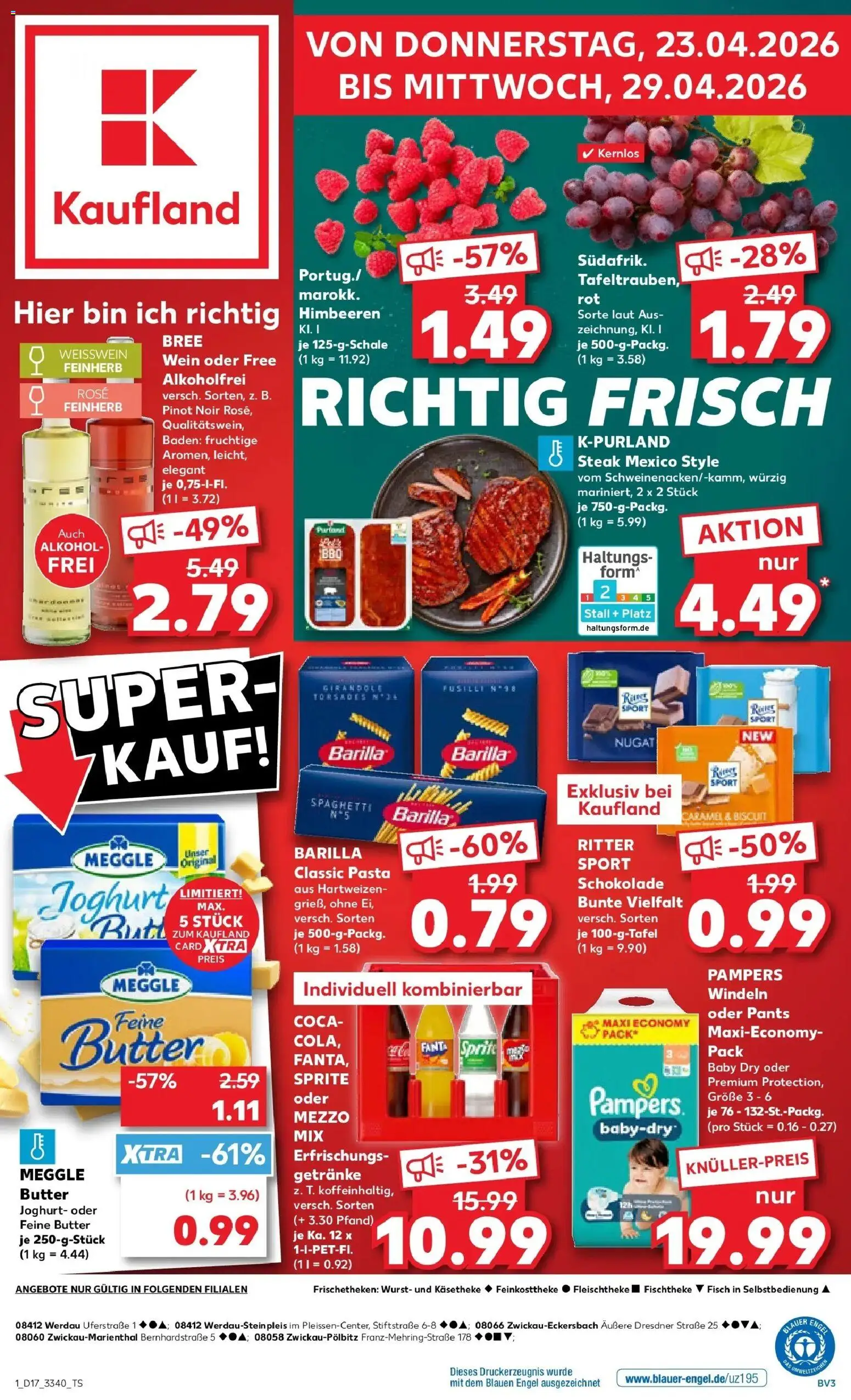 Vorschau von dem Prospekt des Geschäftes Kaufland, gültig ab dem 23.04.2026 - Fisch, Wurst, Steak, Alkohol, Pampers, Barilla, Weißwein, Meggle butter