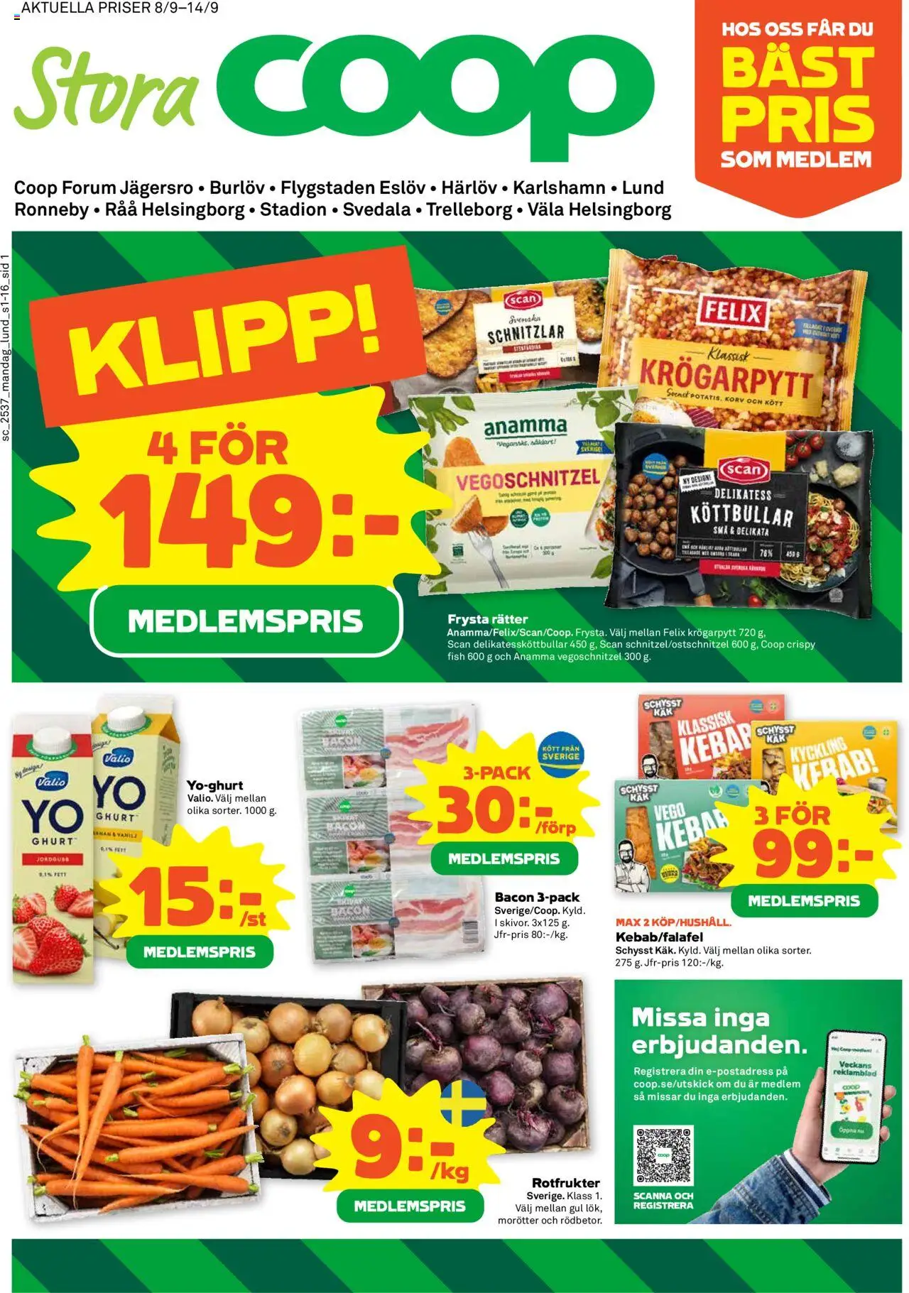 Helsingborg är giltig 08/09 2025 > Veckans Erbjudanden gäller från 08/09/2025 till 14/09/2025 sidnummer 1 - Korv, Kött, Yoghurt, Bacon, Rotfrukter, Vanilj, Morötter, Kyckling