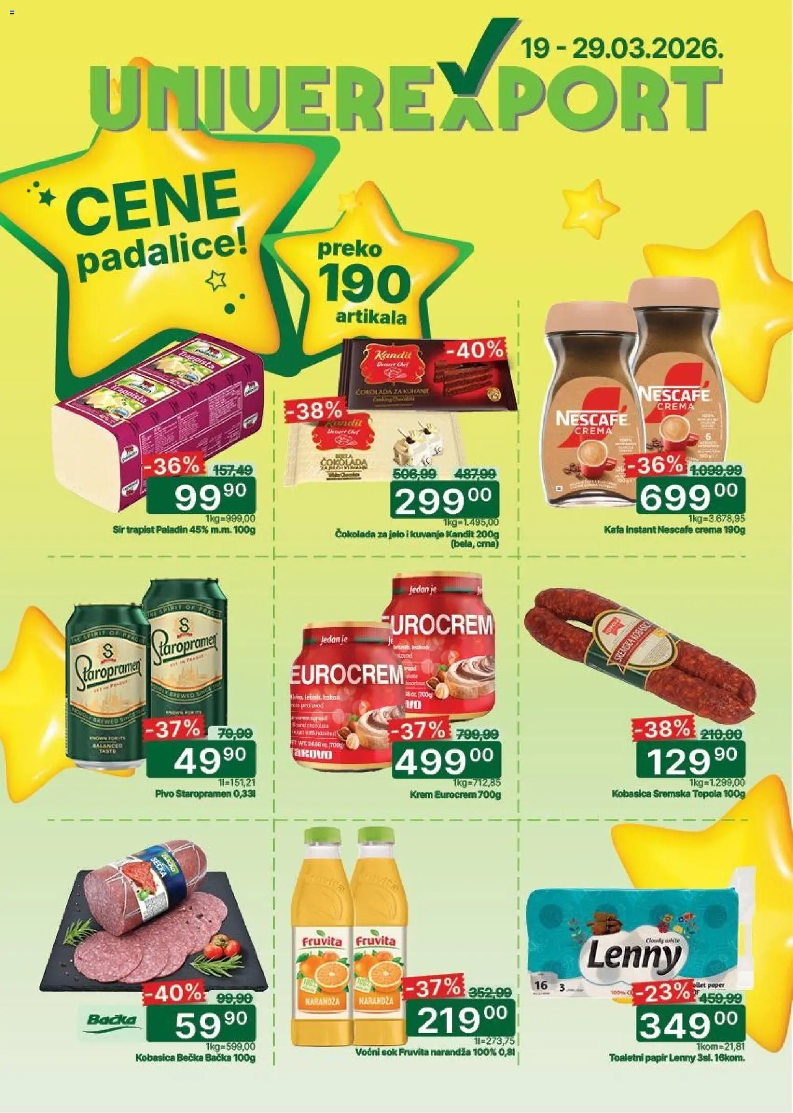 Pregled Univerexport kataloga - važi od 19.03.2026 - Kafa, Pivo, Nescafé, Čokolada, Fruvita, Sok, Krem, Eurocrem