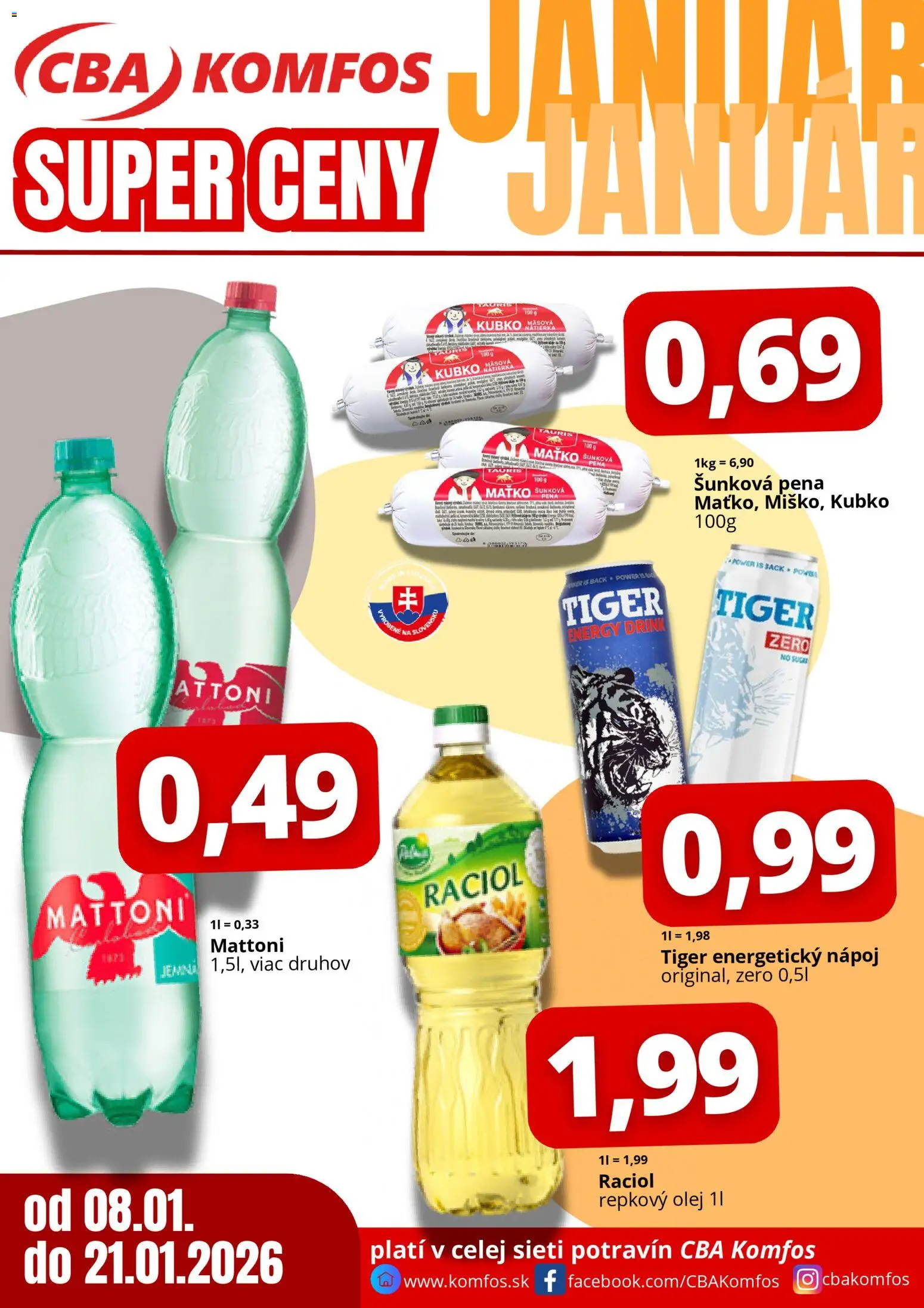 Náhľad CBA Komfos letáku platného od 08.01.2026 - Olej, Mattoni, Nátierka, Pena, Energetický nápoj, Repkový olej