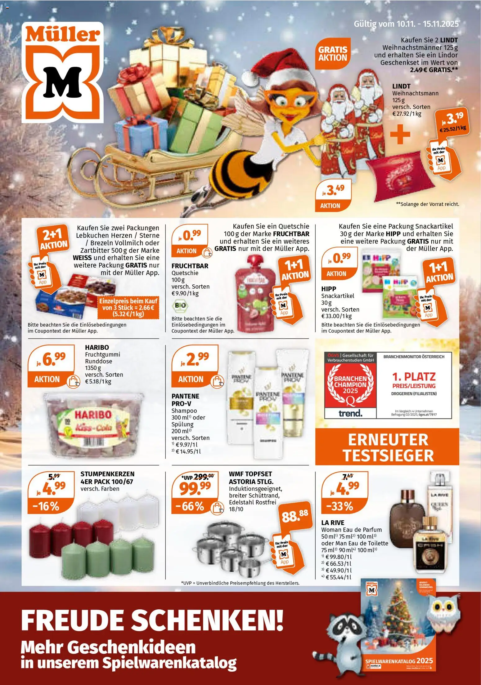 Vorschau der Angebote: Müller Flugblatt gültig ab 10.11.2025 - Toilette, Parfüm, Lebkuchen, Shampoo, Eau de Toilette, Vollmilch, Spülung