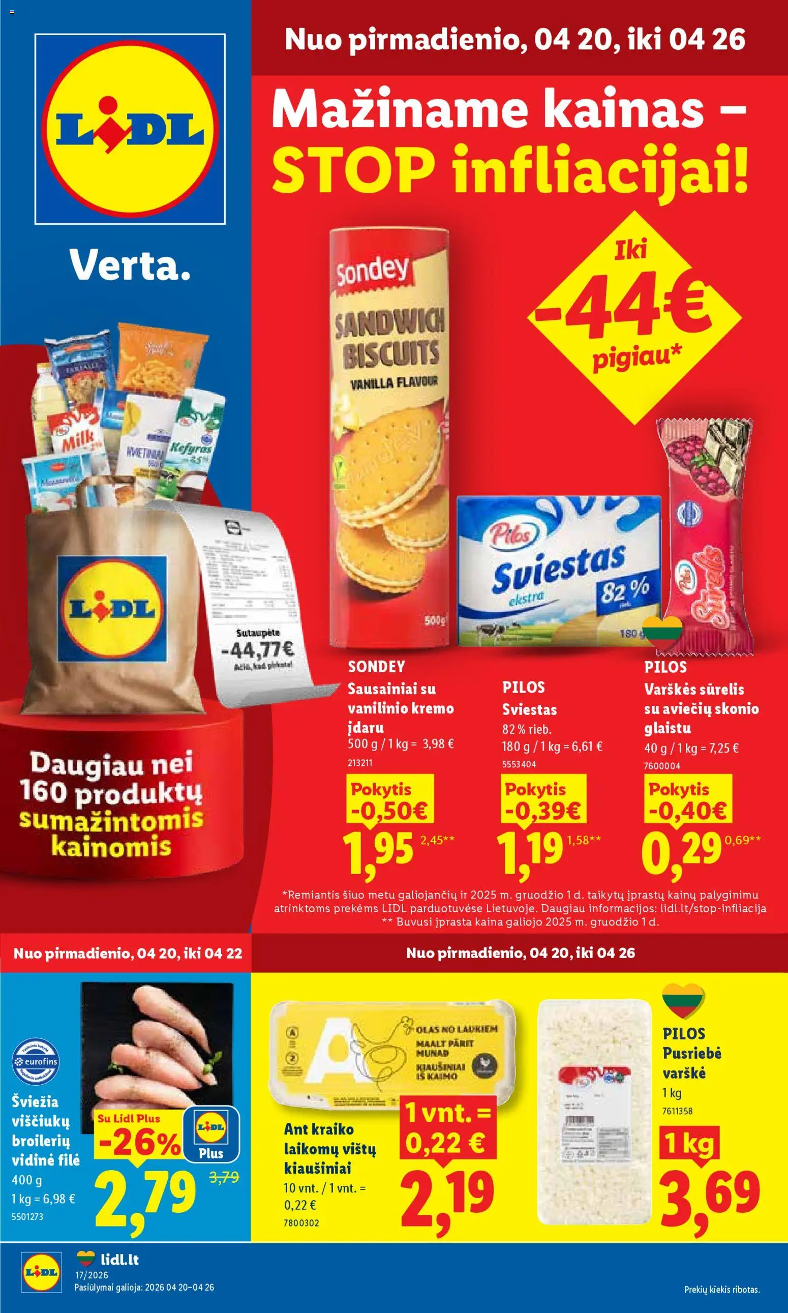 LIDL parduotuvės leidinio LIDL leidinys galiojančio nuo 2026.04.20 peržiūra - Sausainiai, Kiaušiniai, Varškė, Sviestas, Sūrelis