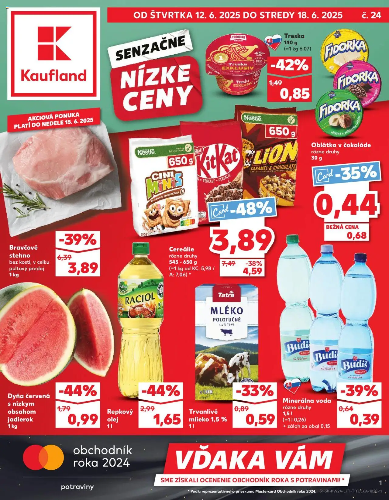 Náhľad Kaufland letáku platného od 12.06.2025 - Mlieko, Treska, Budiš, Bravčové stehno, Repkový olej, Minerálna voda, Cereálie, Trvanlivé mlieko