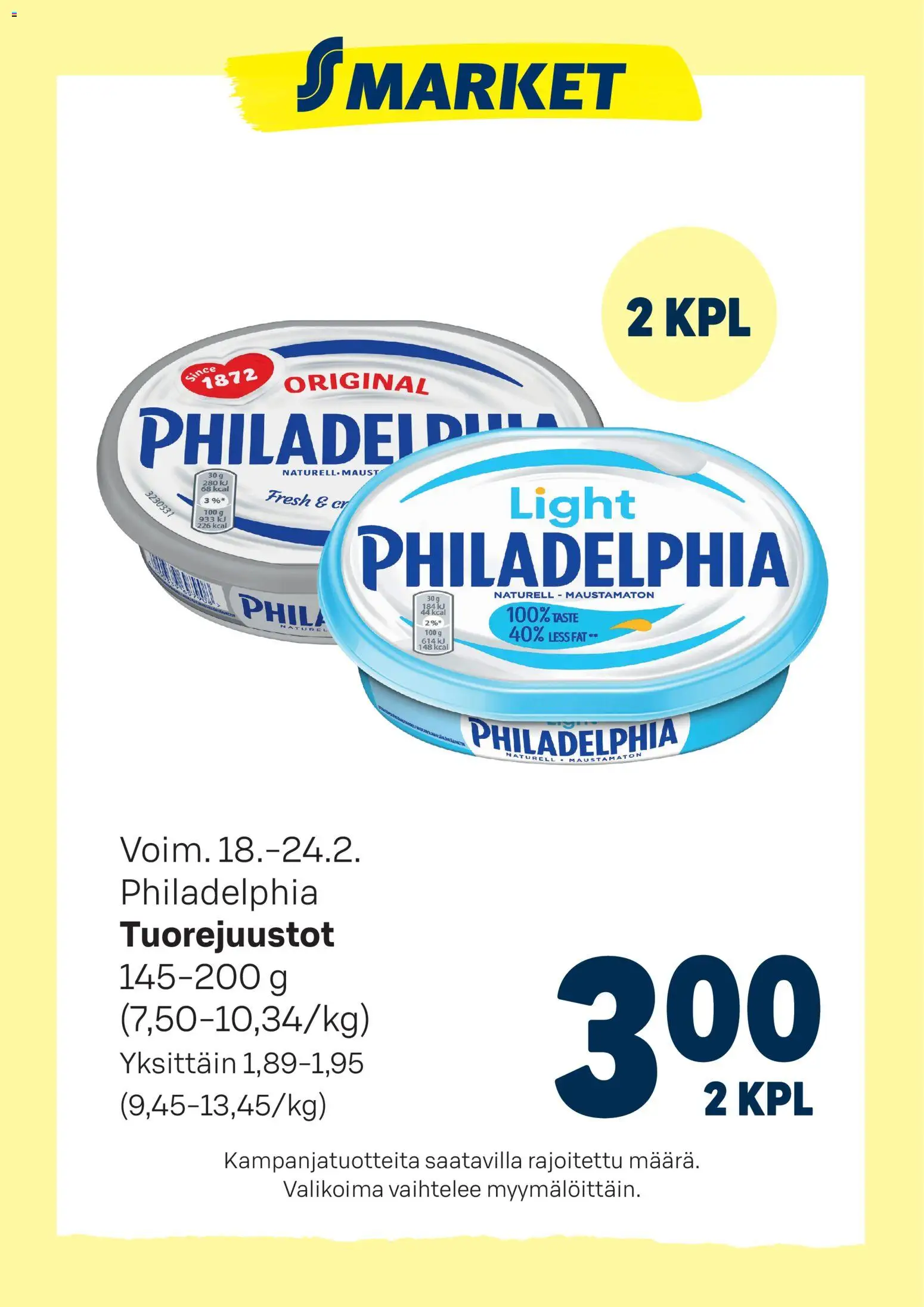 Kaupan S-market Tarjoukset Philadelphia Tuorejuustot esikatselu, voimassa 18/02/2026