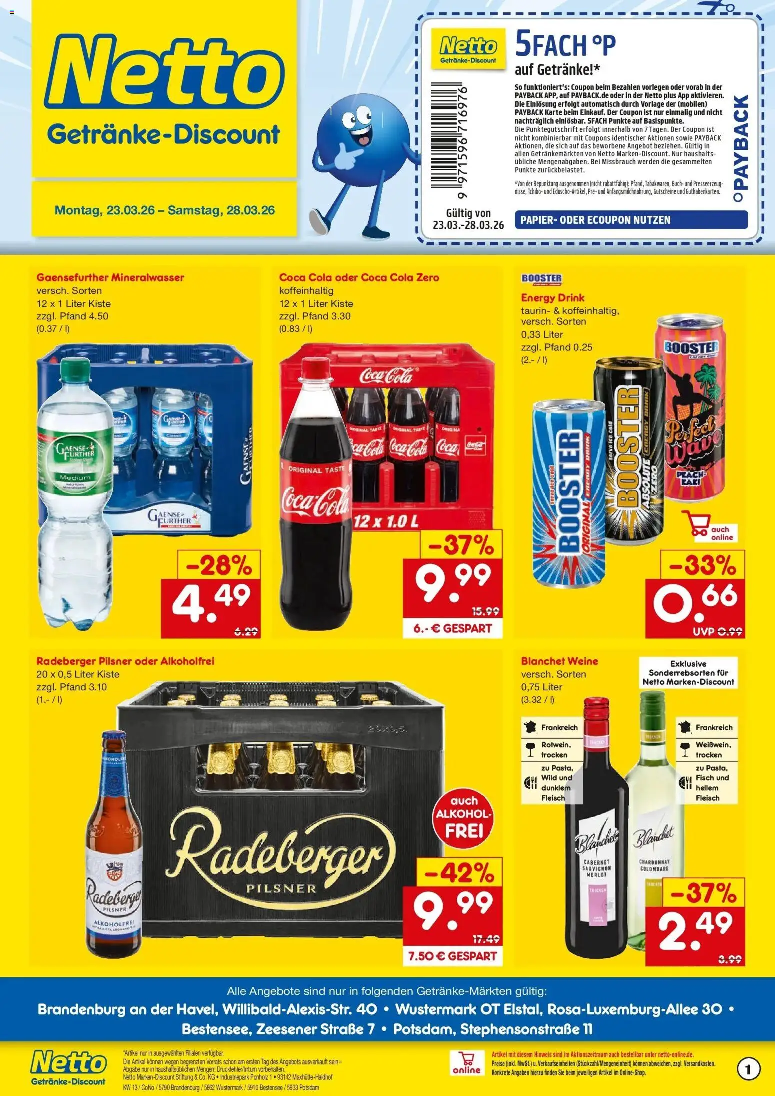Vorschau von dem Prospekt des Geschäftes Netto Marken-Discount, gültig ab dem 23.03.2026 - Coca cola, Fisch, Cola, Mineralwasser, Alkohol, Fleisch, Merlot, Radeberger pilsner