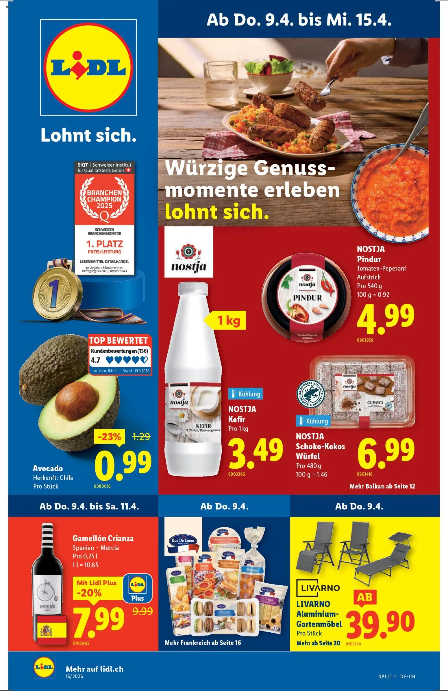 Vorschau des Merkblatts Lidl aktionen vom Shop Lidl gültig von 09.04.2026 bis 15.04.2026 - Kefir, Gartenmöbel, Avocado, Top