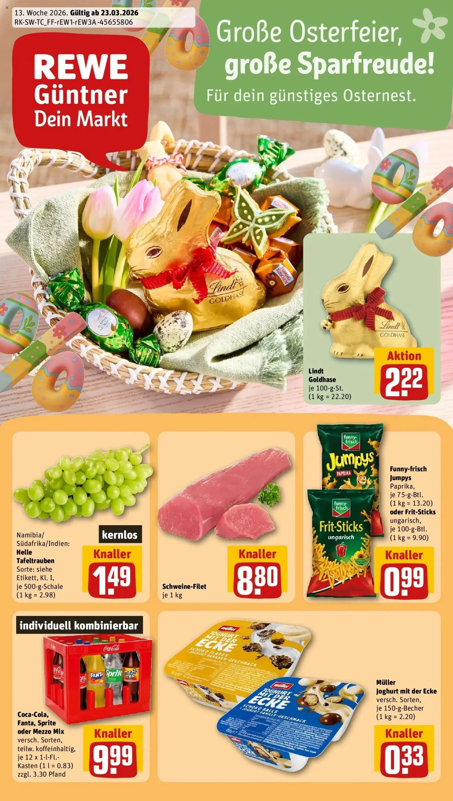 Vorschau von dem Prospekt des Geschäftes Rewe, gültig ab dem 23.03.2026 - Chips, Lindt, Joghurt, Schweinefilet, Funny frisch, Sprite, Mezzo mix, Oder mezzo mix