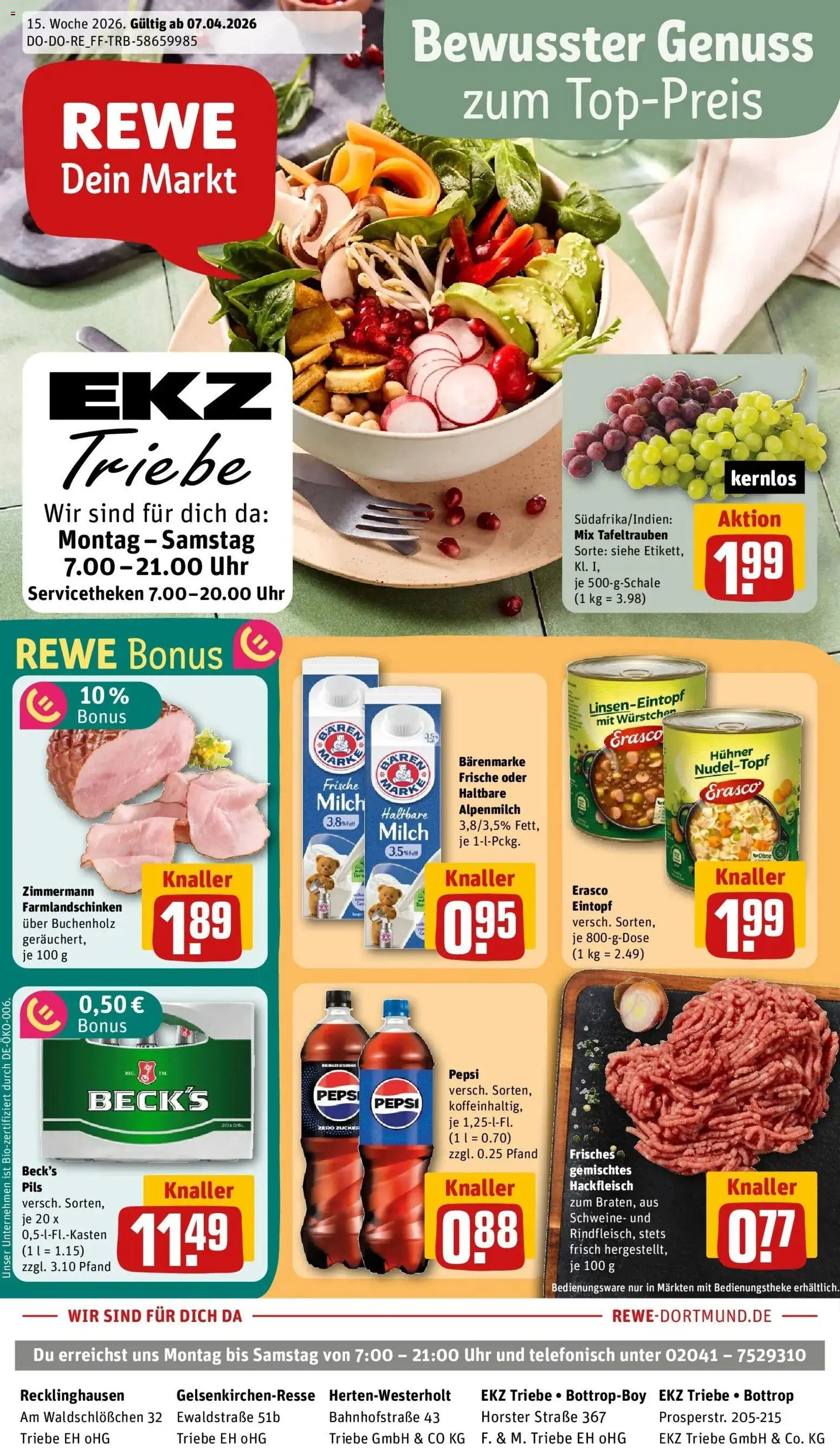 Vorschau von dem Prospekt des Geschäftes Rewe, gültig ab dem 05.04.2026 - Uhr, Milch, Hackfleisch, Zucker, Pepsi, Haltbare milch, Pils, Erasco