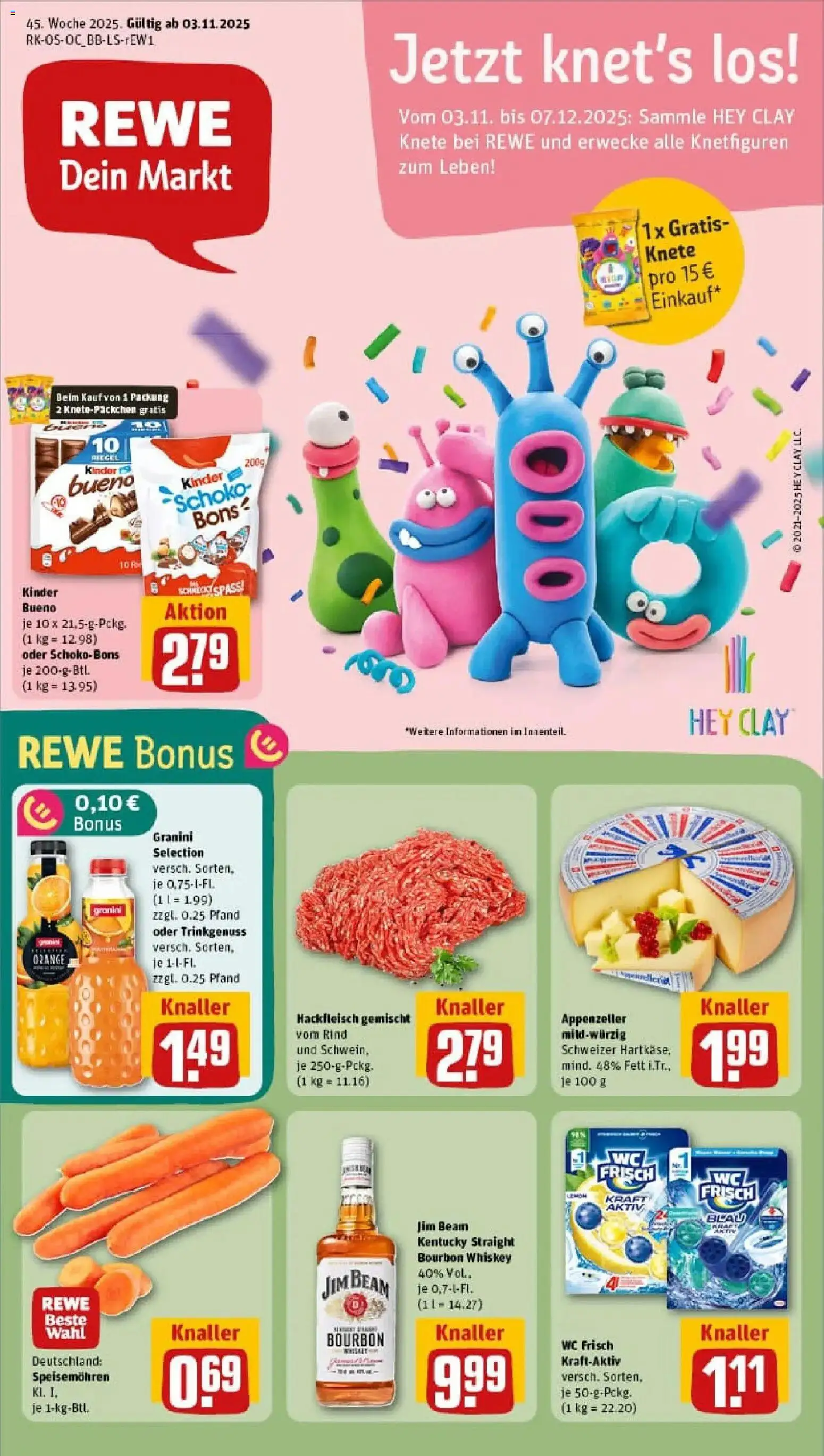 Vorschau von dem Prospekt des Geschäftes Rewe, gültig ab dem 02.11.2025 - Hackfleisch, Whiskey, Jim beam, Kinder bueno, Bourbon, Granini, Wc frisch