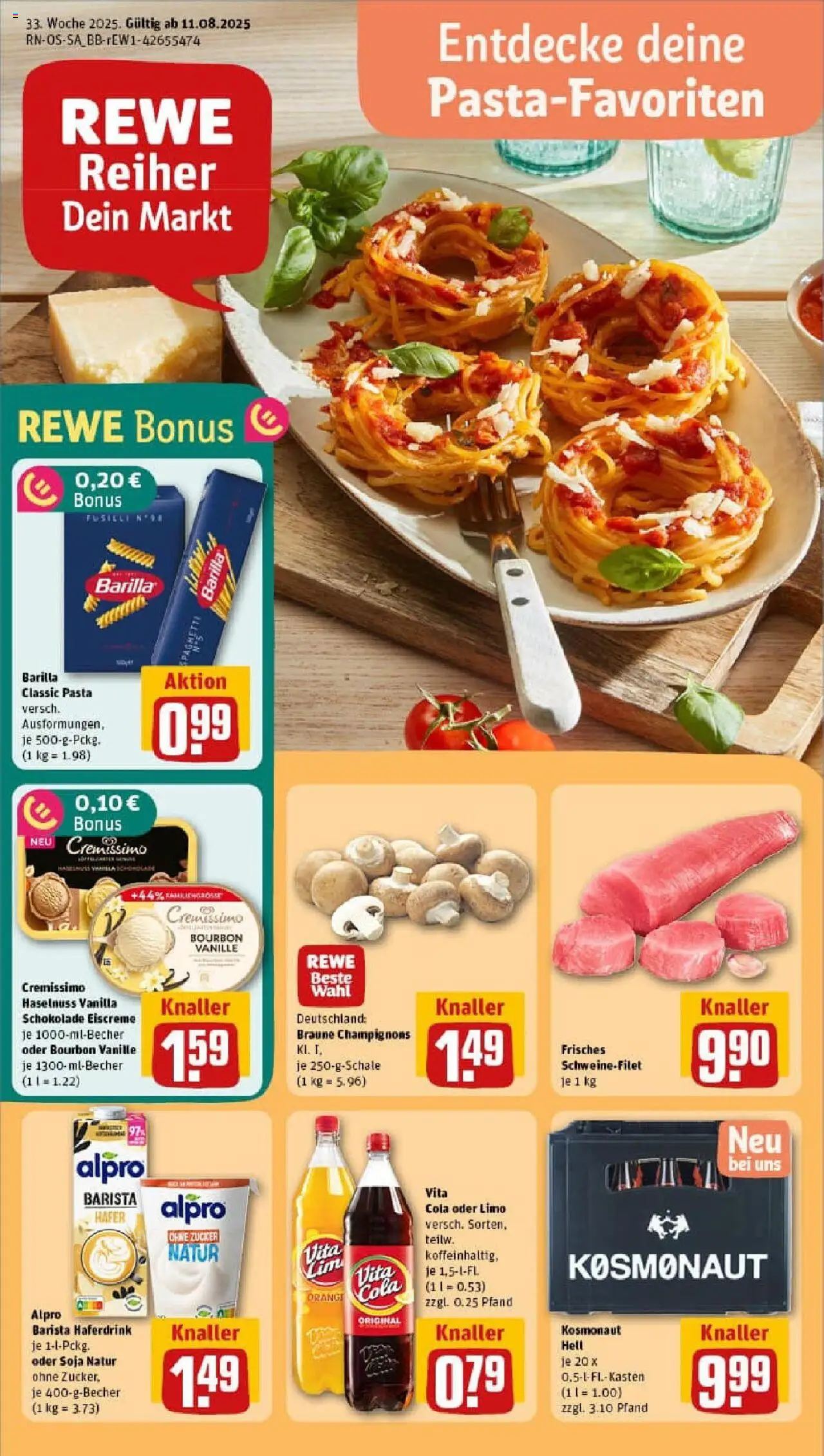 REWE Prospekt ab 11.08.2025 nächste Woche - Prospekt Lutherstadt Wittenberg - Cola, Champignons, Barilla, Vanille, Vita cola, Bourbon, Alpro, Cremissimo